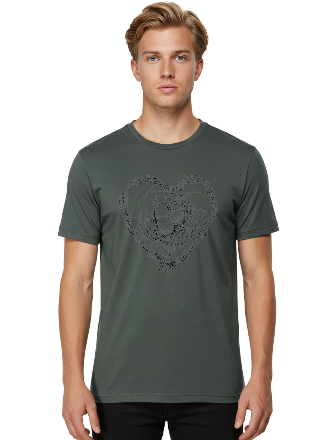 Heart-Shaped-Nest-With-Eggs Men'S Graphic Tee, 100% Cotton, Comfortable Casual Summer Wear, Machine Washable, Heart Shaped Bird Nest, Three Eggs, Twigs And Leaves, Love Symbol, Nature Illustration, Bird'S Nest, Easter Eggs, Spring Theme, Aac259 20