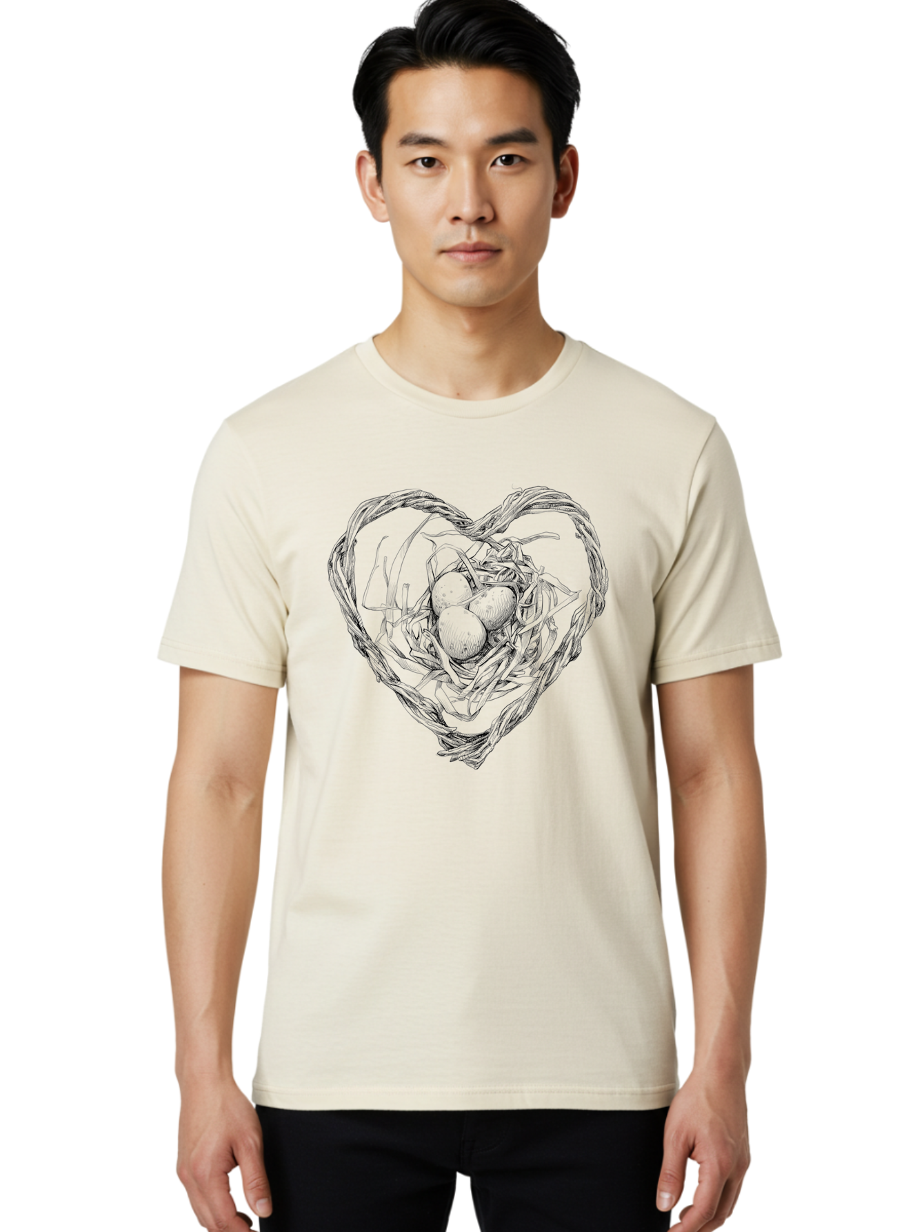 Heart-Shaped-Nest-With-Eggs Men'S Graphic Tee, 100% Cotton, Comfortable Casual Summer Wear, Machine Washable, Heart Shaped Bird Nest, Three Eggs, Twigs And Leaves, Love Symbol, Nature Illustration, Bird'S Nest, Easter Eggs, Spring Theme, Aac259 10
