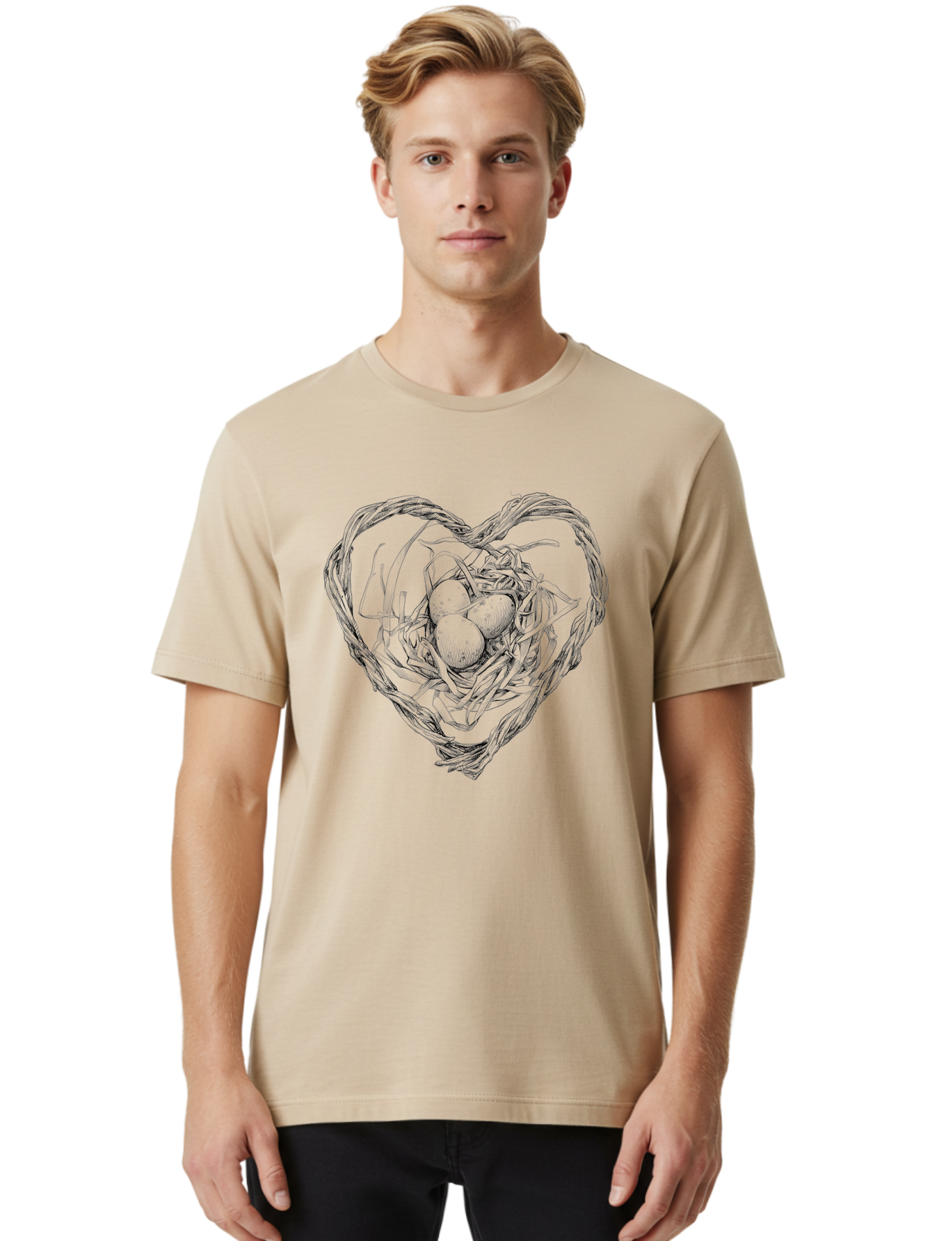 Heart-Shaped-Nest-With-Eggs Men'S Graphic Tee, 100% Cotton, Comfortable Casual Summer Wear, Machine Washable, Heart Shaped Bird Nest, Three Eggs, Twigs And Leaves, Love Symbol, Nature Illustration, Bird'S Nest, Easter Eggs, Spring Theme, Aac259 30
