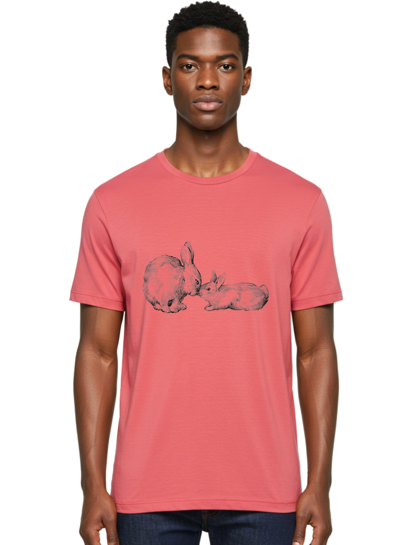 Mother-Rabbit-And-Baby Men'S Graphic Tee, 100% Cotton, Comfortable Casual Summer Wear, Machine Washable, Mother Rabbit And Baby Rabbit, Adorable Illustration, Cute Bunny, Tender Moment, Rabbit Love, Easter Theme, Furry Friends, Animal Bonding Aac260 10