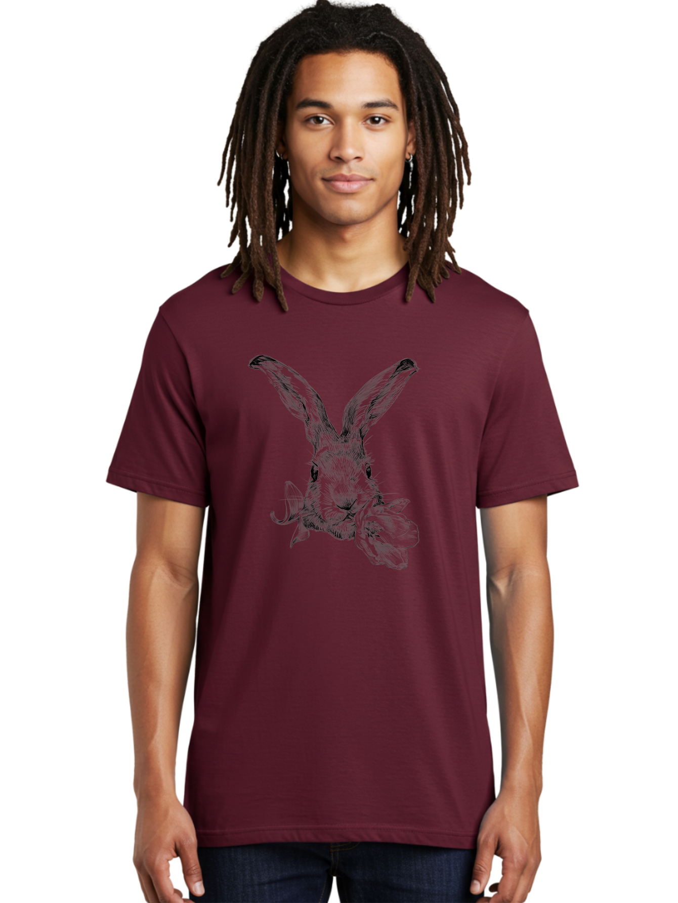 Rabbit-Eating-Flower Men'S Graphic Tee, 100% Cotton, Comfortable Casual Summer Wear, Machine Washable, Rabbit With Long Ears, Floral Theme, Whimsical Art, Spring Design, Cute Bunny, Flower Eater, Detailed Illustration, Rabbit Portrait, Aac264 6