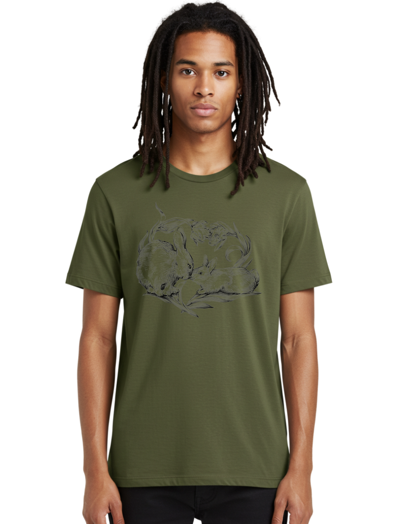 Rabbits Men'S Graphic Tee, 100% Cotton, Comfortable Casual Summer Wear, Machine Washable, Two Rabbits, Tender Moment, Cute Animals, Nuzzling, Floral Motif, Whimsical Design, Vintage Style, Gentle Interaction, Spring Theme Aac272 20