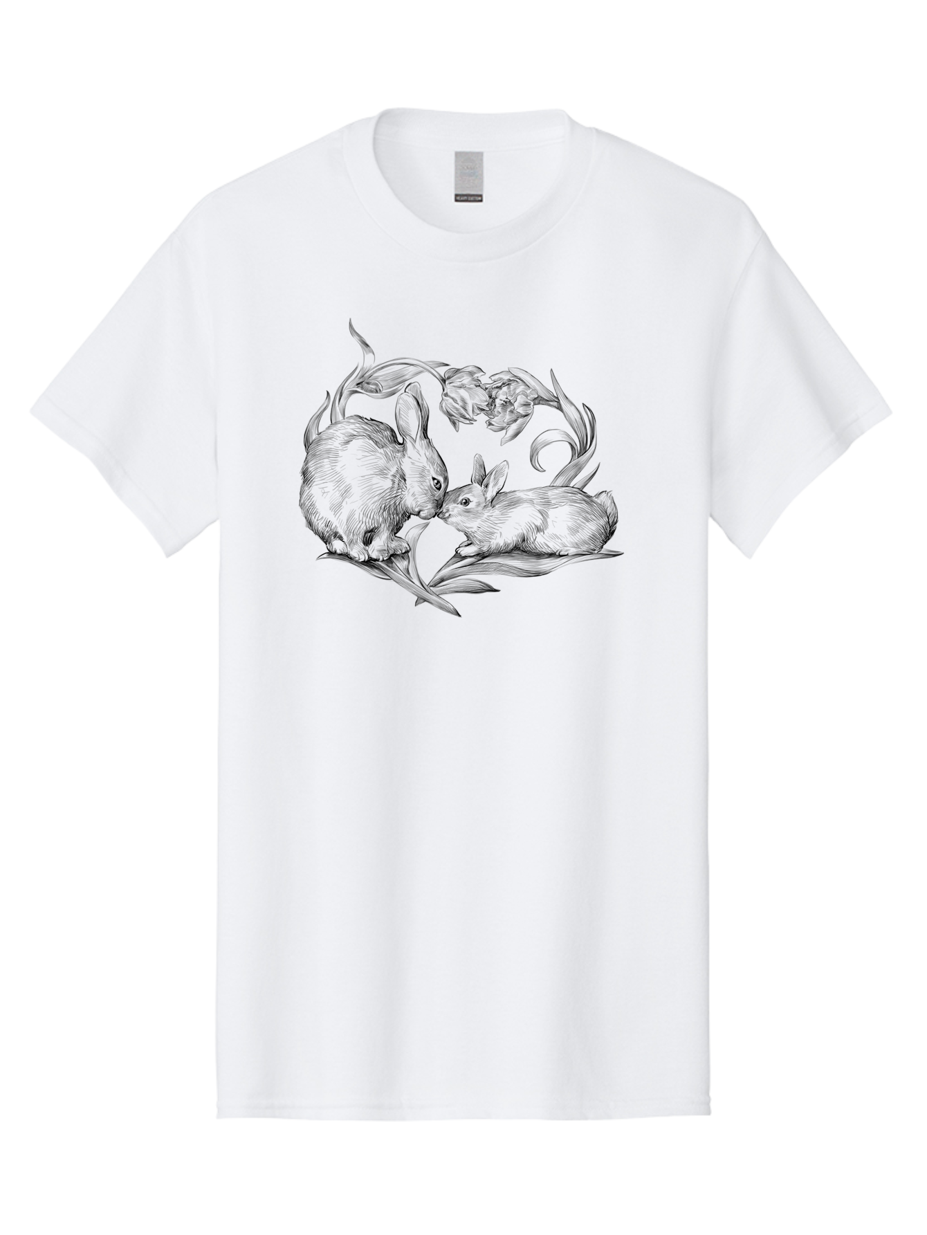 Rabbits Men'S Graphic Tee, 100% Cotton, Comfortable Casual Summer Wear, Machine Washable, Two Rabbits, Tender Moment, Cute Animals, Nuzzling, Floral Motif, Whimsical Design, Vintage Style, Gentle Interaction, Spring Theme Aac272 3