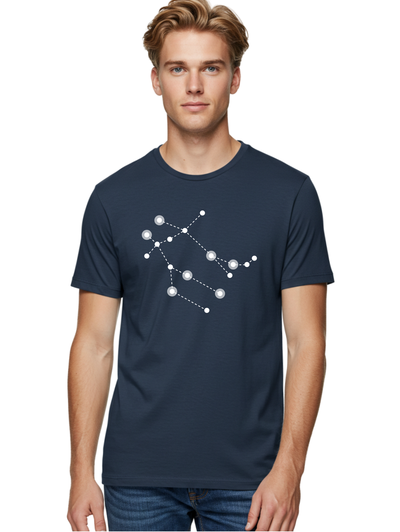 Constellation-Pattern-2 Men'S Graphic Tee, 100% Cotton, Comfortable Casual Summer Wear, Machine Washable, Constellation Pattern, Stars Connected By Dotted Lines, Glowing White Dots, Celestial Design, Night Sky, Astronomy, Space Theme, Aac286 4