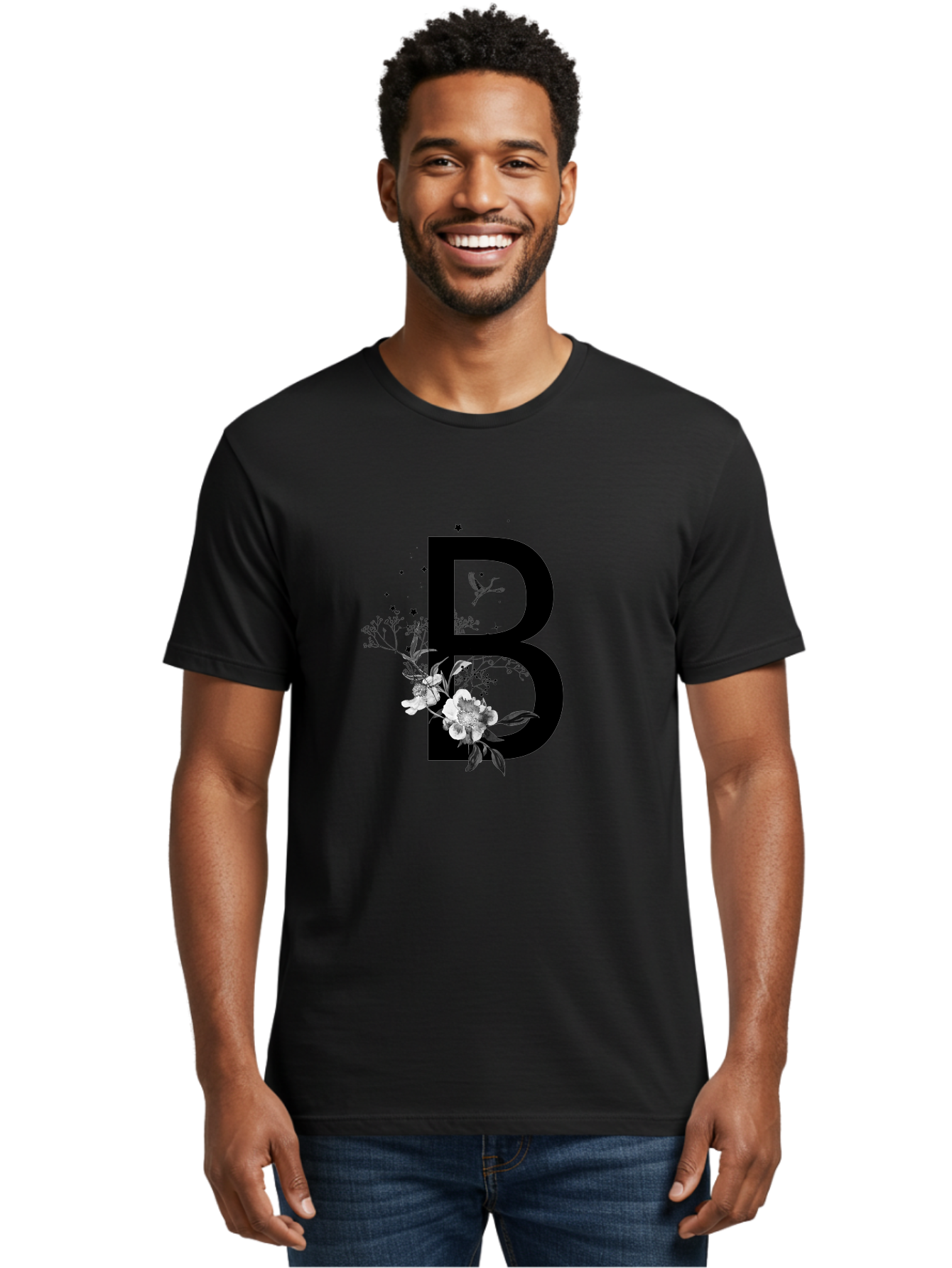B Men'S Graphic Tee, 100% Cotton, Comfortable Casual Summer Wear, Machine Washable, Large Letter B, Floral Design, White Flowers, Hummingbird, Black Silhouette, Whimsical Illustration, Botanical Art, Black Stars Aac290 28