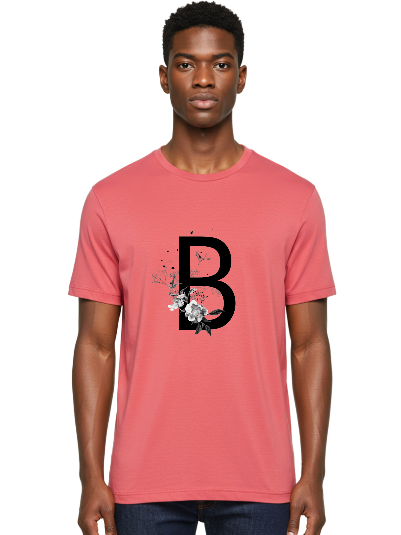 B Men'S Graphic Tee, 100% Cotton, Comfortable Casual Summer Wear, Machine Washable, Large Letter B, Floral Design, White Flowers, Hummingbird, Black Silhouette, Whimsical Illustration, Botanical Art, Black Stars Aac290 30