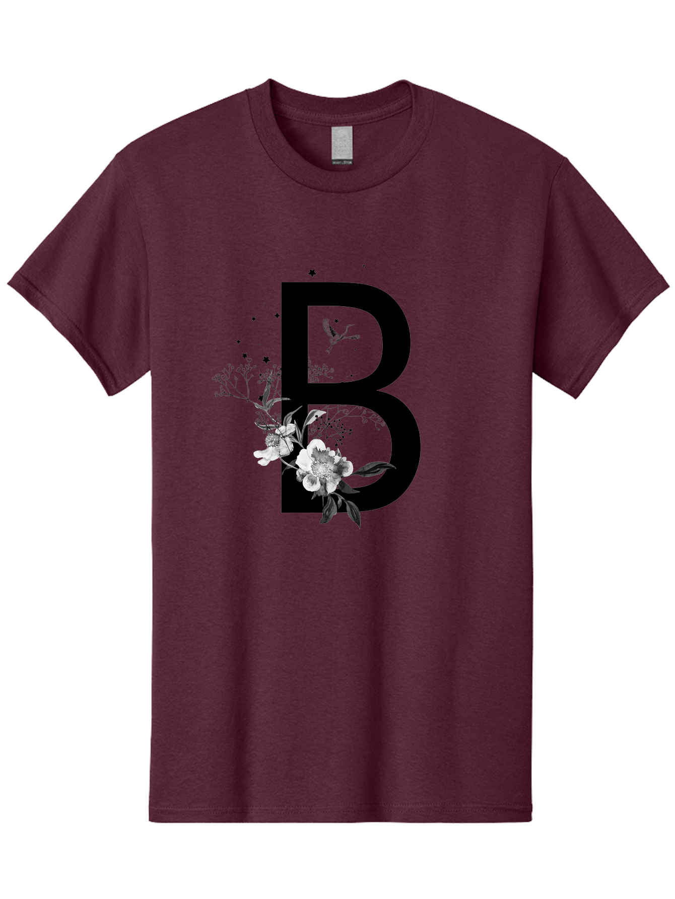 B Men'S Graphic Tee, 100% Cotton, Comfortable Casual Summer Wear, Machine Washable, Large Letter B, Floral Design, White Flowers, Hummingbird, Black Silhouette, Whimsical Illustration, Botanical Art, Black Stars Aac290 19