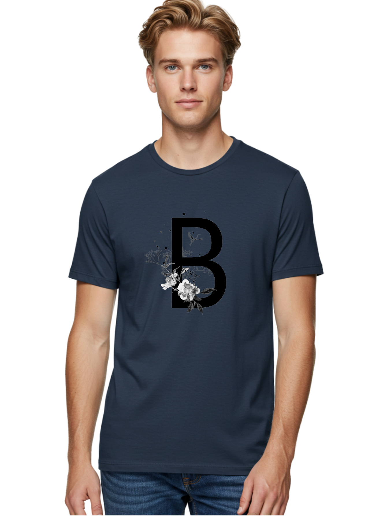 B Men'S Graphic Tee, 100% Cotton, Comfortable Casual Summer Wear, Machine Washable, Large Letter B, Floral Design, White Flowers, Hummingbird, Black Silhouette, Whimsical Illustration, Botanical Art, Black Stars Aac290 12