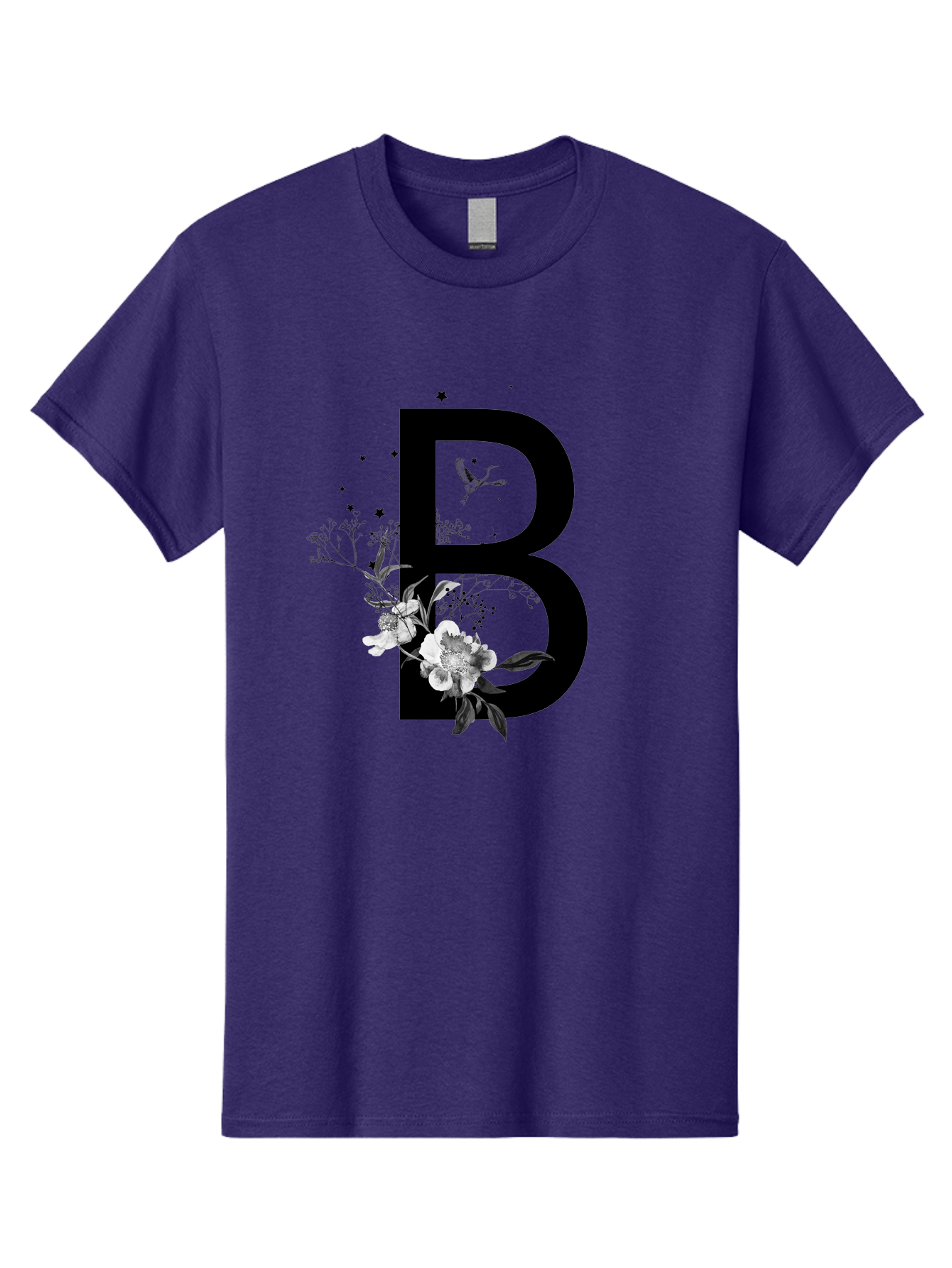 B Men'S Graphic Tee, 100% Cotton, Comfortable Casual Summer Wear, Machine Washable, Large Letter B, Floral Design, White Flowers, Hummingbird, Black Silhouette, Whimsical Illustration, Botanical Art, Black Stars Aac290 9