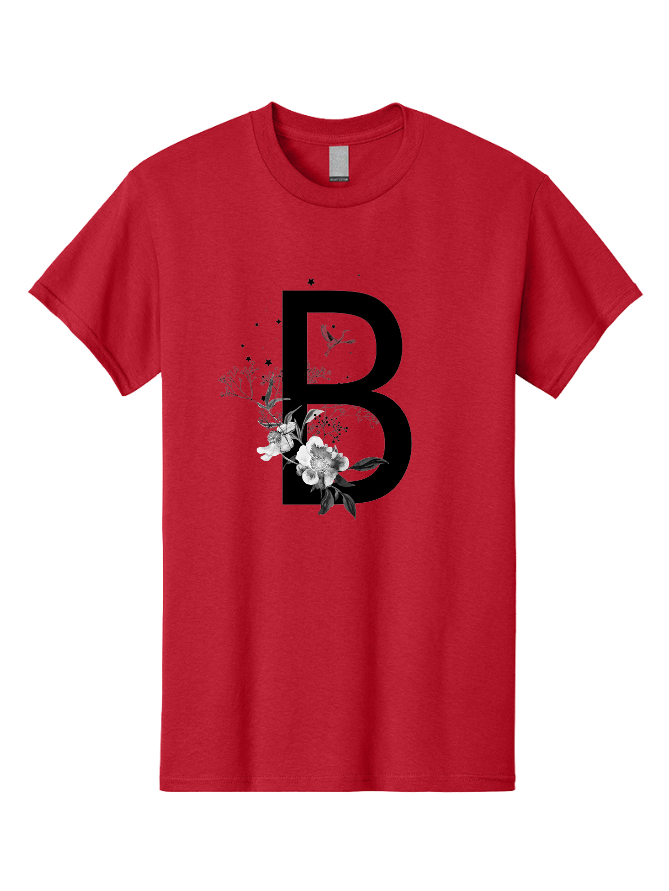 B Men'S Graphic Tee, 100% Cotton, Comfortable Casual Summer Wear, Machine Washable, Large Letter B, Floral Design, White Flowers, Hummingbird, Black Silhouette, Whimsical Illustration, Botanical Art, Black Stars Aac290 1