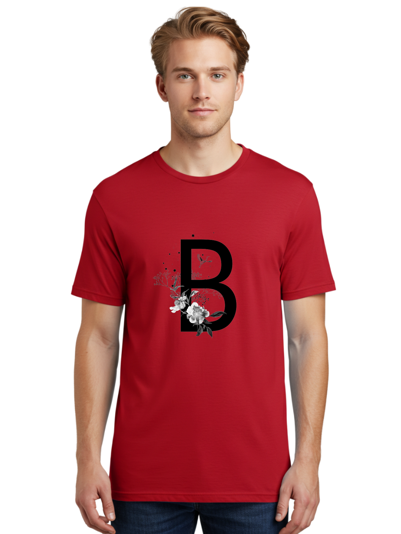 B Men'S Graphic Tee, 100% Cotton, Comfortable Casual Summer Wear, Machine Washable, Large Letter B, Floral Design, White Flowers, Hummingbird, Black Silhouette, Whimsical Illustration, Botanical Art, Black Stars Aac290 2