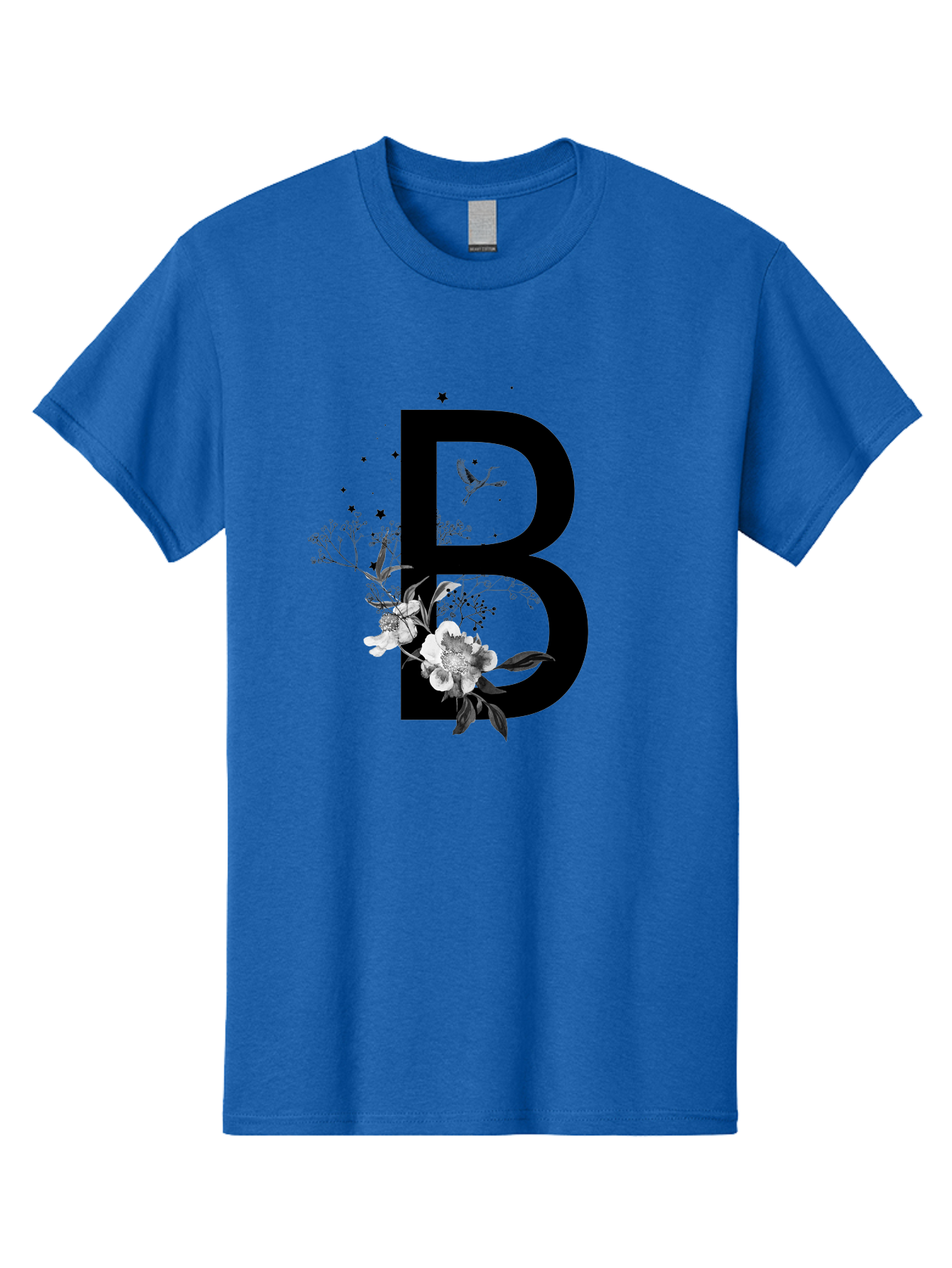 B Men'S Graphic Tee, 100% Cotton, Comfortable Casual Summer Wear, Machine Washable, Large Letter B, Floral Design, White Flowers, Hummingbird, Black Silhouette, Whimsical Illustration, Botanical Art, Black Stars Aac290 3