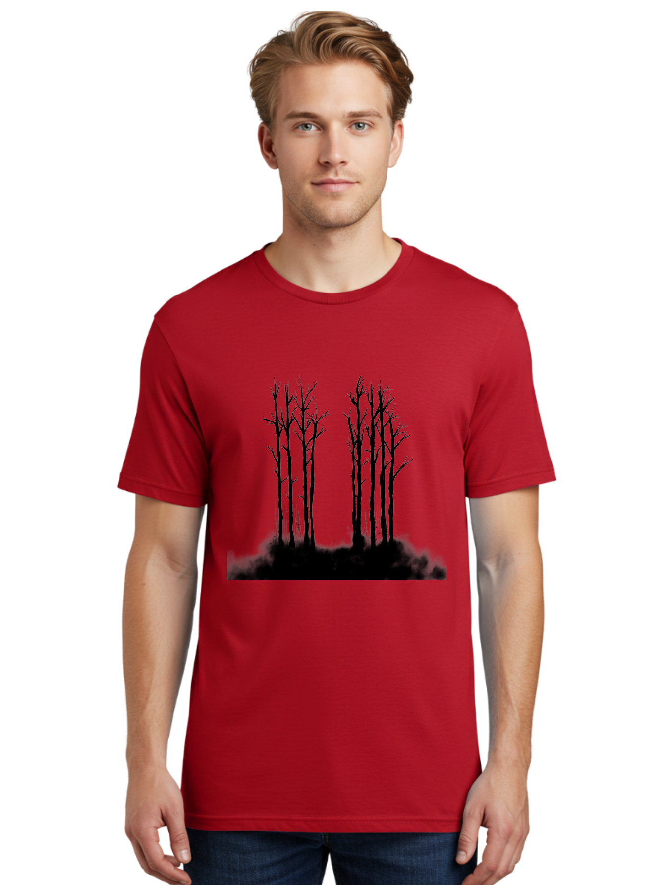 Bare-Trees-1 Men'S Graphic Tee, 100% Cotton, Comfortable Casual Summer Wear, Machine Washable, Bare Trees, Silhouette Art, Black Trees, Leafless Branches, Minimalist Design, Eerie Atmosphere, Dramatic Shadows Aac292 24