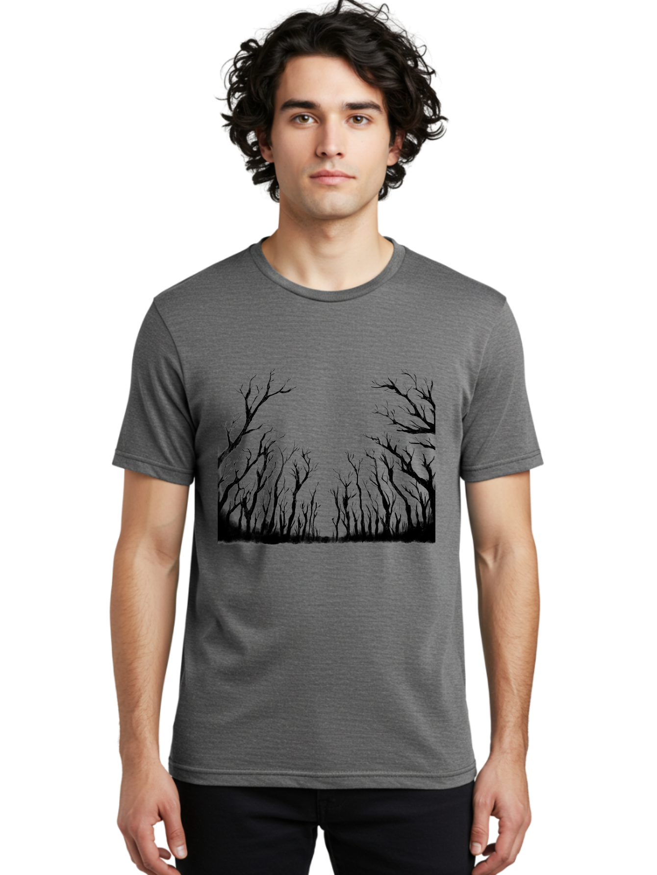 Bare-Trees Men'S Graphic Tee, 100% Cotton, Comfortable Casual Summer Wear, Machine Washable, Bare Trees, Black Silhouettes, Forest Landscape, Autumn Or Winter Scene, Dramatic Atmosphere, Mysterious Ambiance, Eerie Forest, Stark Beauty, Aac293 10