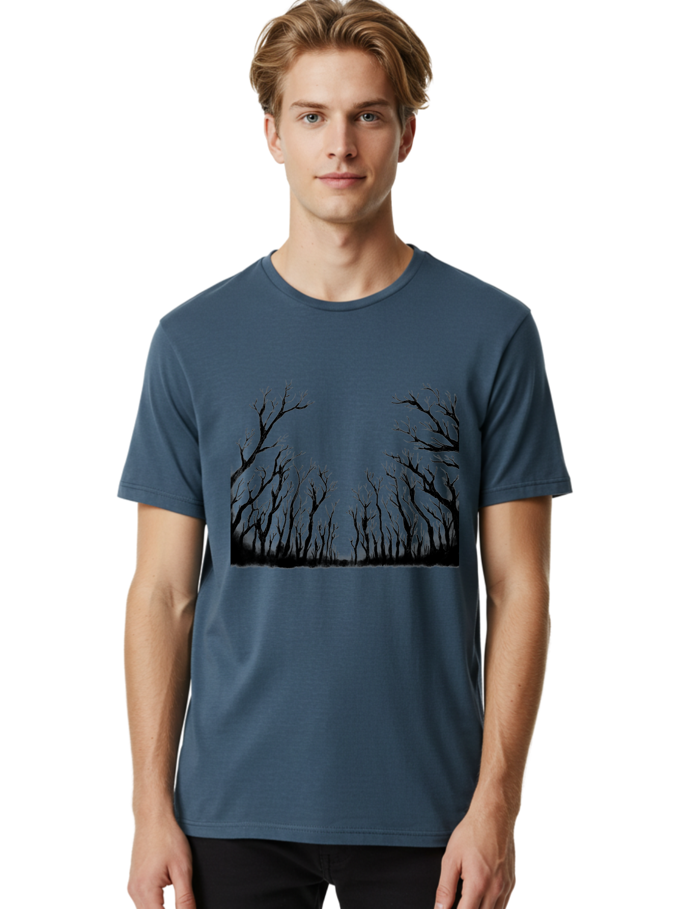 Bare-Trees Men'S Graphic Tee, 100% Cotton, Comfortable Casual Summer Wear, Machine Washable, Bare Trees, Black Silhouettes, Forest Landscape, Autumn Or Winter Scene, Dramatic Atmosphere, Mysterious Ambiance, Eerie Forest, Stark Beauty, Aac293 4