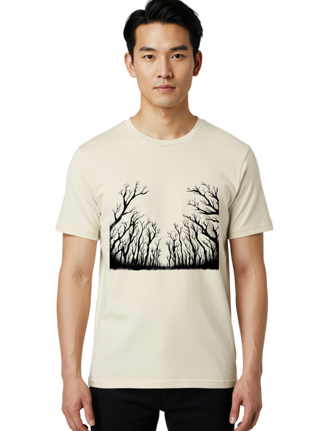 Bare-Trees Men'S Graphic Tee, 100% Cotton, Comfortable Casual Summer Wear, Machine Washable, Bare Trees, Black Silhouettes, Forest Landscape, Autumn Or Winter Scene, Dramatic Atmosphere, Mysterious Ambiance, Eerie Forest, Stark Beauty, Aac293 18