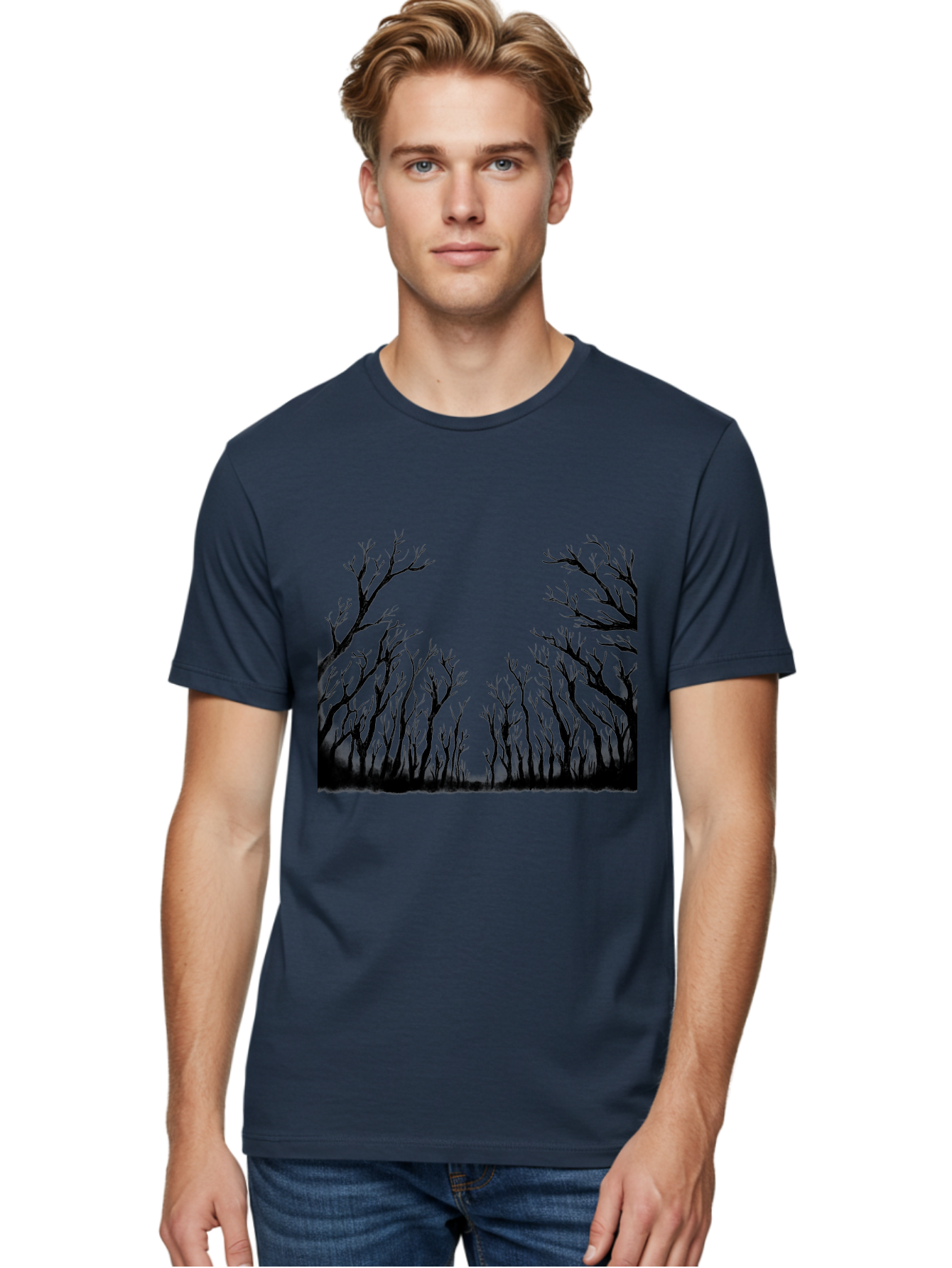 Bare-Trees Men'S Graphic Tee, 100% Cotton, Comfortable Casual Summer Wear, Machine Washable, Bare Trees, Black Silhouettes, Forest Landscape, Autumn Or Winter Scene, Dramatic Atmosphere, Mysterious Ambiance, Eerie Forest, Stark Beauty, Aac293 26