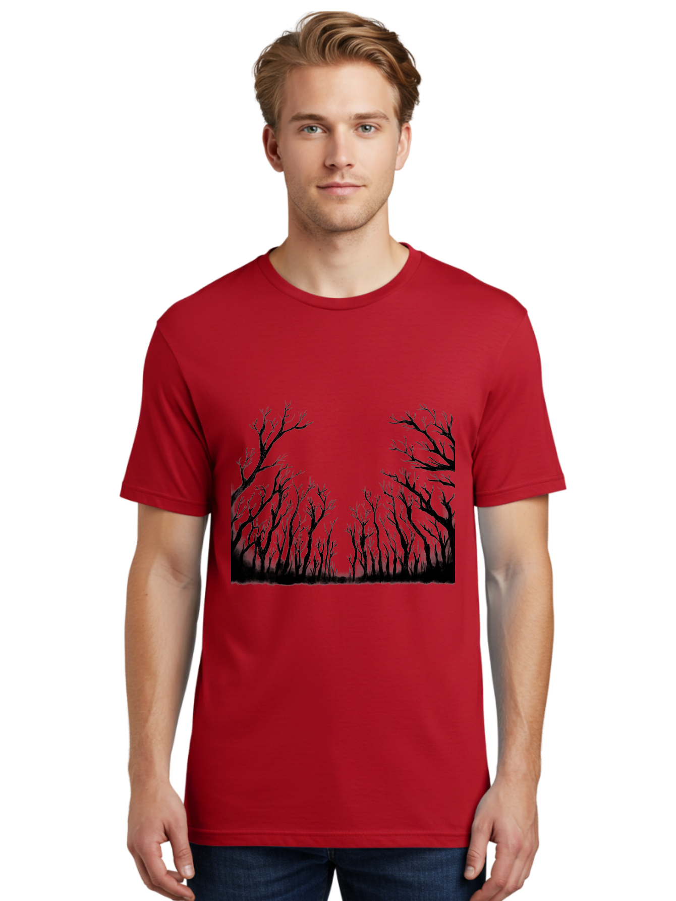 Bare-Trees Men'S Graphic Tee, 100% Cotton, Comfortable Casual Summer Wear, Machine Washable, Bare Trees, Black Silhouettes, Forest Landscape, Autumn Or Winter Scene, Dramatic Atmosphere, Mysterious Ambiance, Eerie Forest, Stark Beauty, Aac293 16