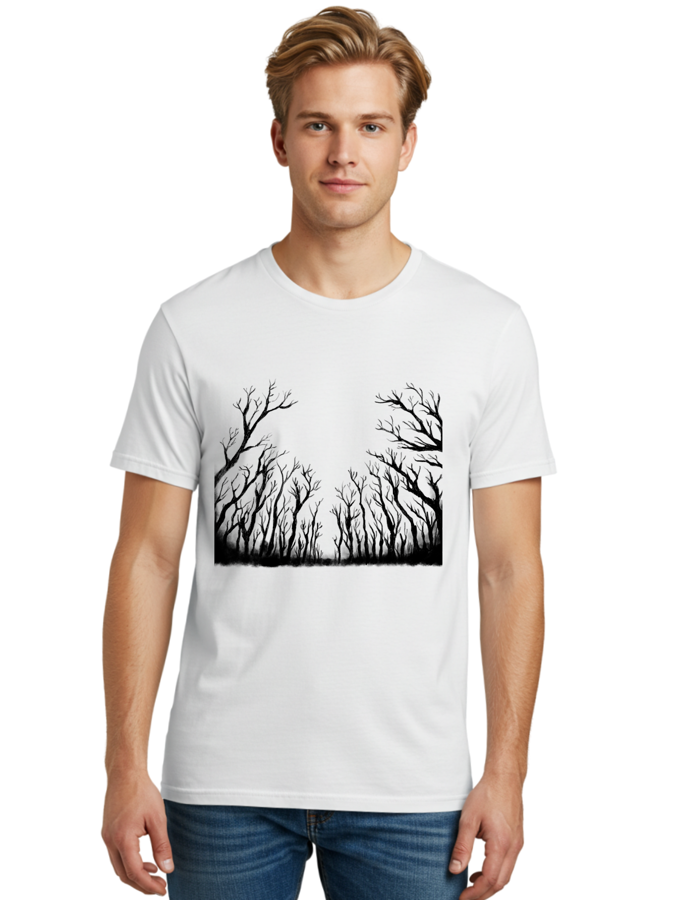 Bare-Trees Men'S Graphic Tee, 100% Cotton, Comfortable Casual Summer Wear, Machine Washable, Bare Trees, Black Silhouettes, Forest Landscape, Autumn Or Winter Scene, Dramatic Atmosphere, Mysterious Ambiance, Eerie Forest, Stark Beauty, Aac293 24