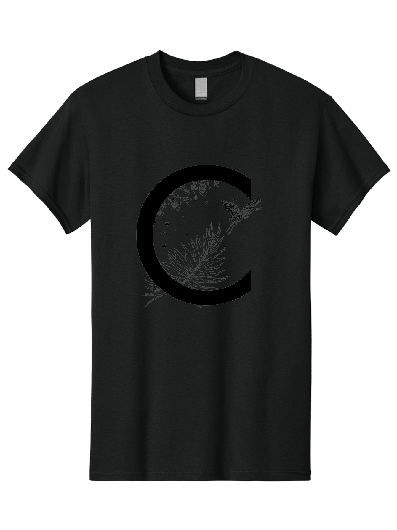 C Men'S Graphic Tee, 100% Cotton, Comfortable Casual Summer Wear, Machine Washable, Stylized Letter C, Black Logo, Floral Designs, Hummingbird, Leaves, Botanical Elements, Artistic Typography, Monochrome Illustration, Nature-Inspired Graphics Aac297 13
