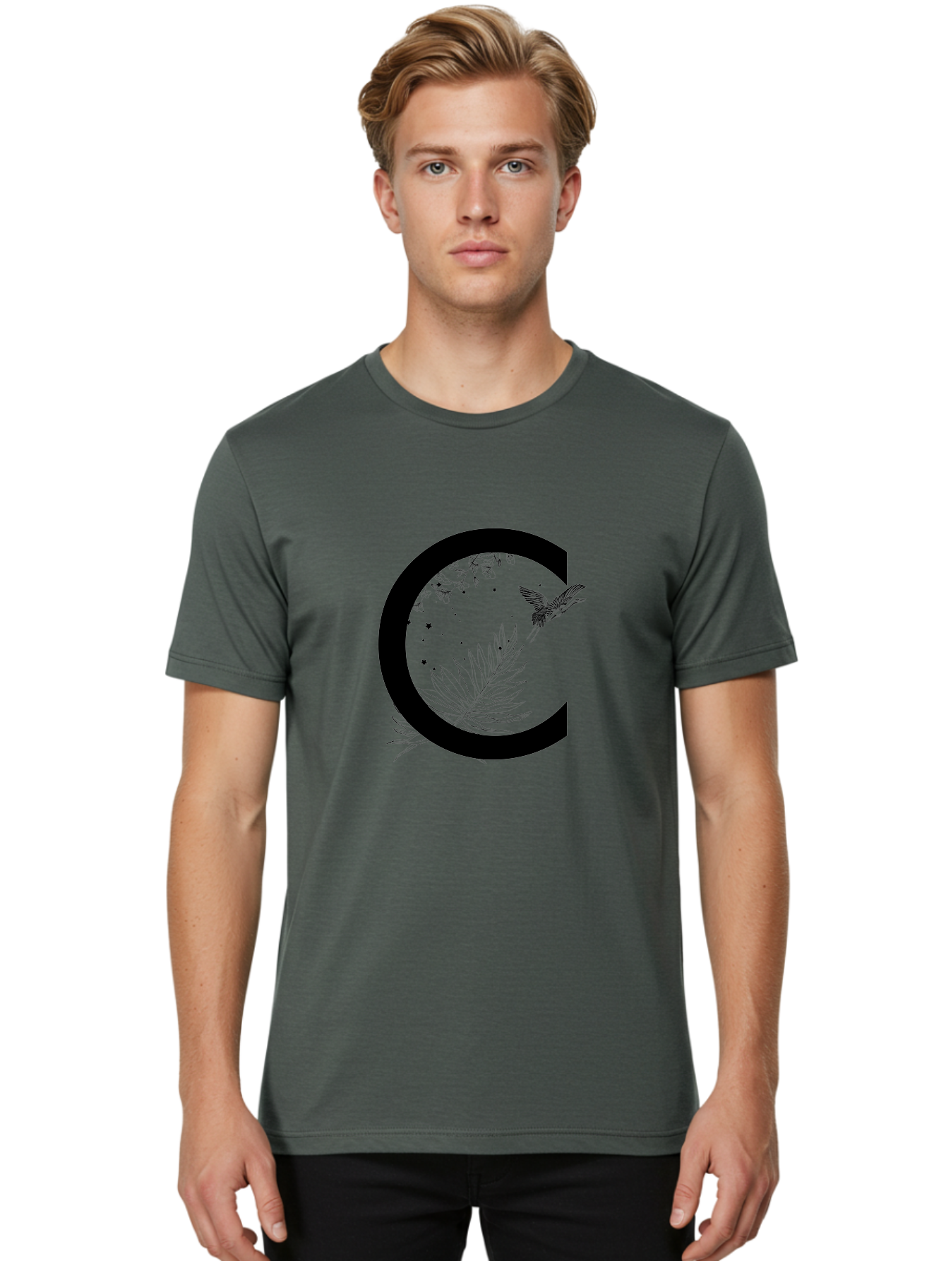C Men'S Graphic Tee, 100% Cotton, Comfortable Casual Summer Wear, Machine Washable, Stylized Letter C, Black Logo, Floral Designs, Hummingbird, Leaves, Botanical Elements, Artistic Typography, Monochrome Illustration, Nature-Inspired Graphics Aac297 10