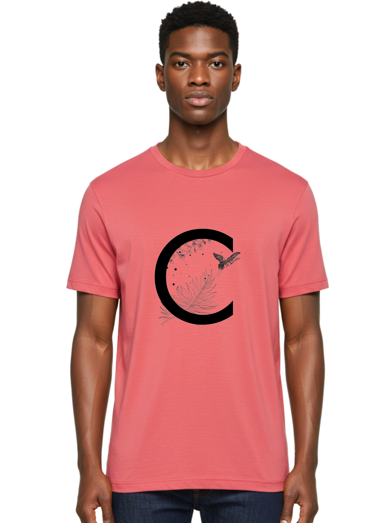 C Men'S Graphic Tee, 100% Cotton, Comfortable Casual Summer Wear, Machine Washable, Stylized Letter C, Black Logo, Floral Designs, Hummingbird, Leaves, Botanical Elements, Artistic Typography, Monochrome Illustration, Nature-Inspired Graphics Aac297 4