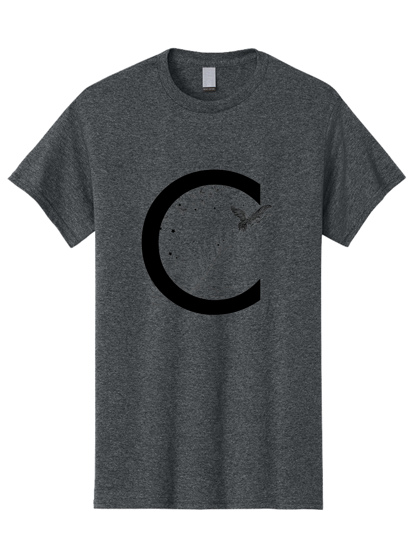 C Men'S Graphic Tee, 100% Cotton, Comfortable Casual Summer Wear, Machine Washable, Stylized Letter C, Black Logo, Floral Designs, Hummingbird, Leaves, Botanical Elements, Artistic Typography, Monochrome Illustration, Nature-Inspired Graphics Aac297 25