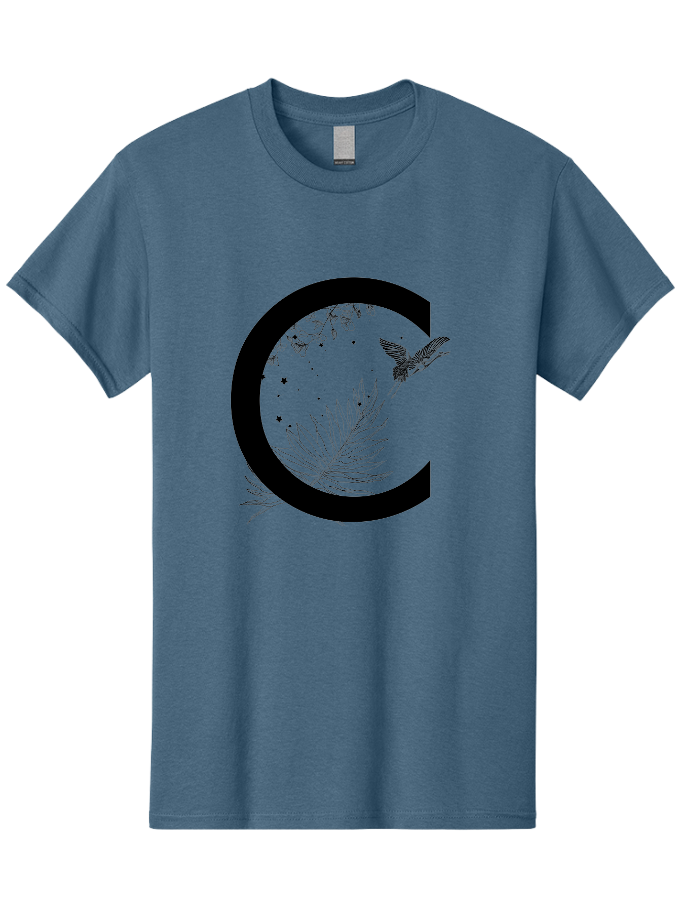 C Men'S Graphic Tee, 100% Cotton, Comfortable Casual Summer Wear, Machine Washable, Stylized Letter C, Black Logo, Floral Designs, Hummingbird, Leaves, Botanical Elements, Artistic Typography, Monochrome Illustration, Nature-Inspired Graphics Aac297 17
