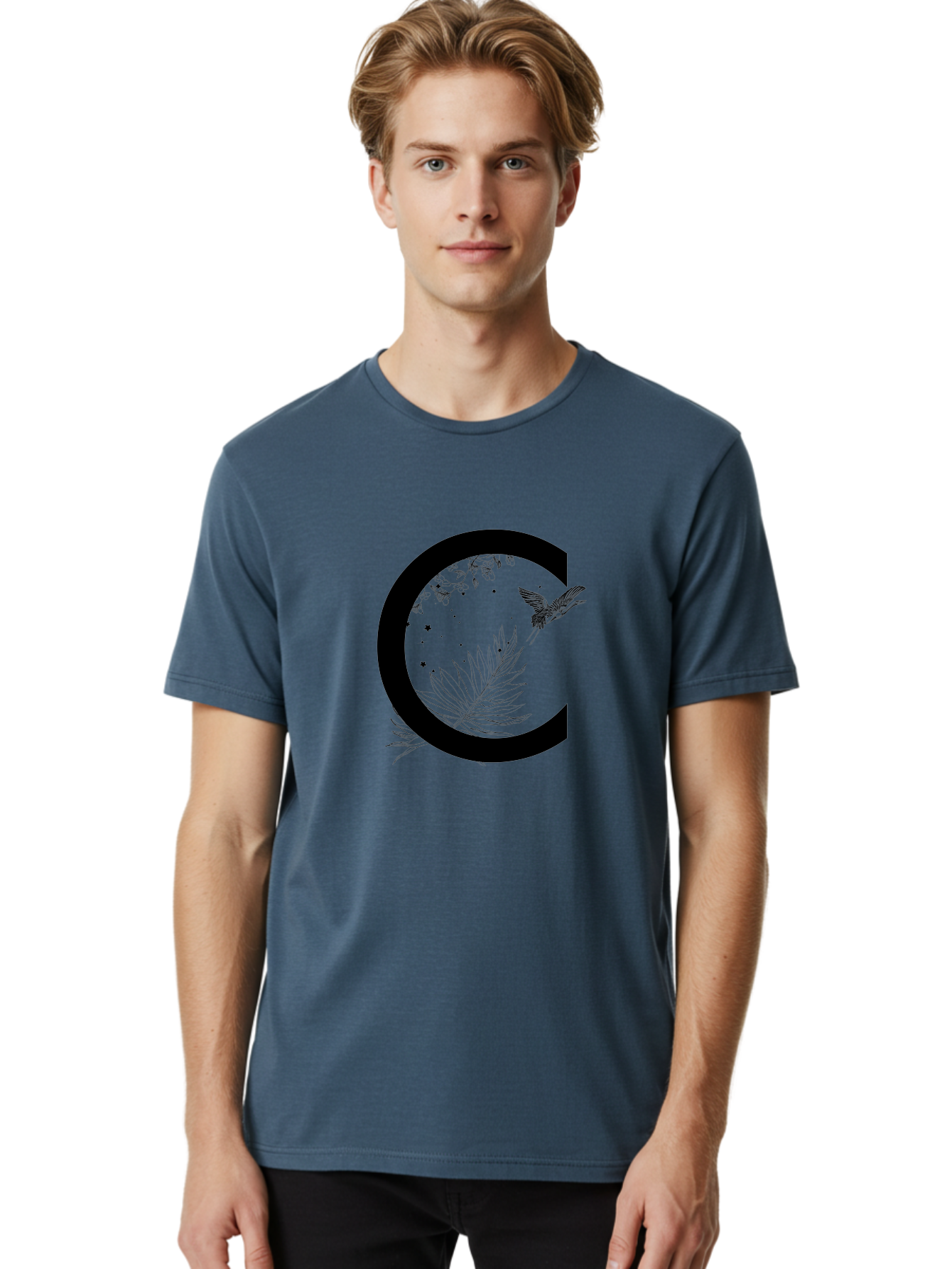 C Men'S Graphic Tee, 100% Cotton, Comfortable Casual Summer Wear, Machine Washable, Stylized Letter C, Black Logo, Floral Designs, Hummingbird, Leaves, Botanical Elements, Artistic Typography, Monochrome Illustration, Nature-Inspired Graphics Aac297 18