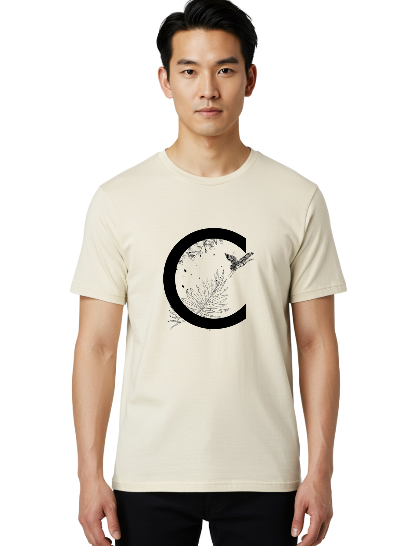 C Men'S Graphic Tee, 100% Cotton, Comfortable Casual Summer Wear, Machine Washable, Stylized Letter C, Black Logo, Floral Designs, Hummingbird, Leaves, Botanical Elements, Artistic Typography, Monochrome Illustration, Nature-Inspired Graphics Aac297 30
