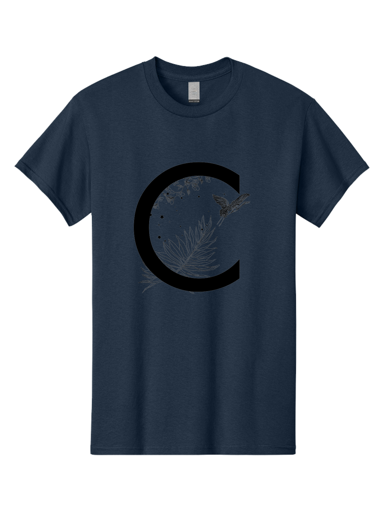 C Men'S Graphic Tee, 100% Cotton, Comfortable Casual Summer Wear, Machine Washable, Stylized Letter C, Black Logo, Floral Designs, Hummingbird, Leaves, Botanical Elements, Artistic Typography, Monochrome Illustration, Nature-Inspired Graphics Aac297 15