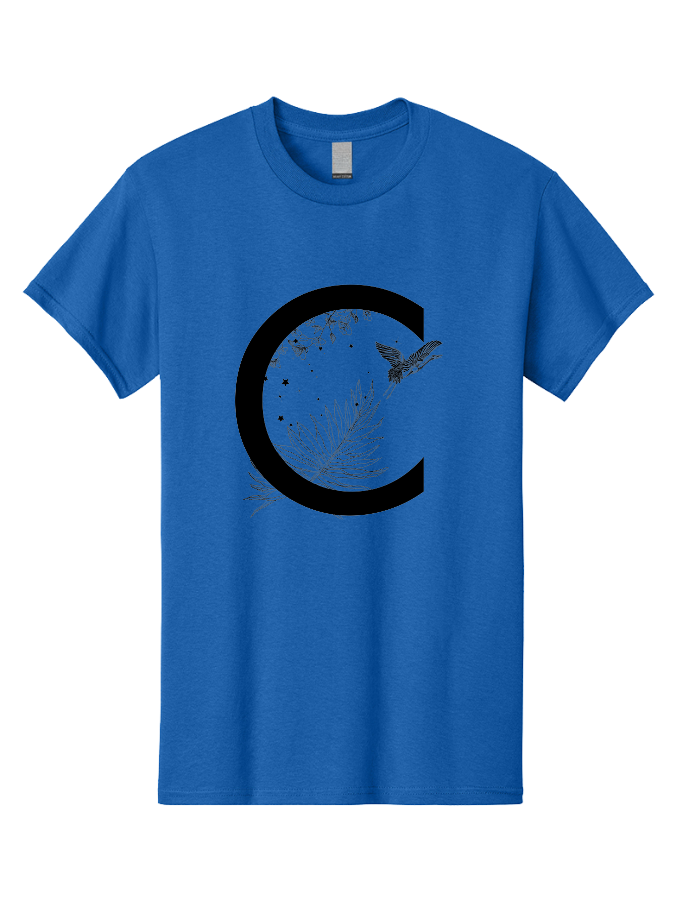 C Men'S Graphic Tee, 100% Cotton, Comfortable Casual Summer Wear, Machine Washable, Stylized Letter C, Black Logo, Floral Designs, Hummingbird, Leaves, Botanical Elements, Artistic Typography, Monochrome Illustration, Nature-Inspired Graphics Aac297 23