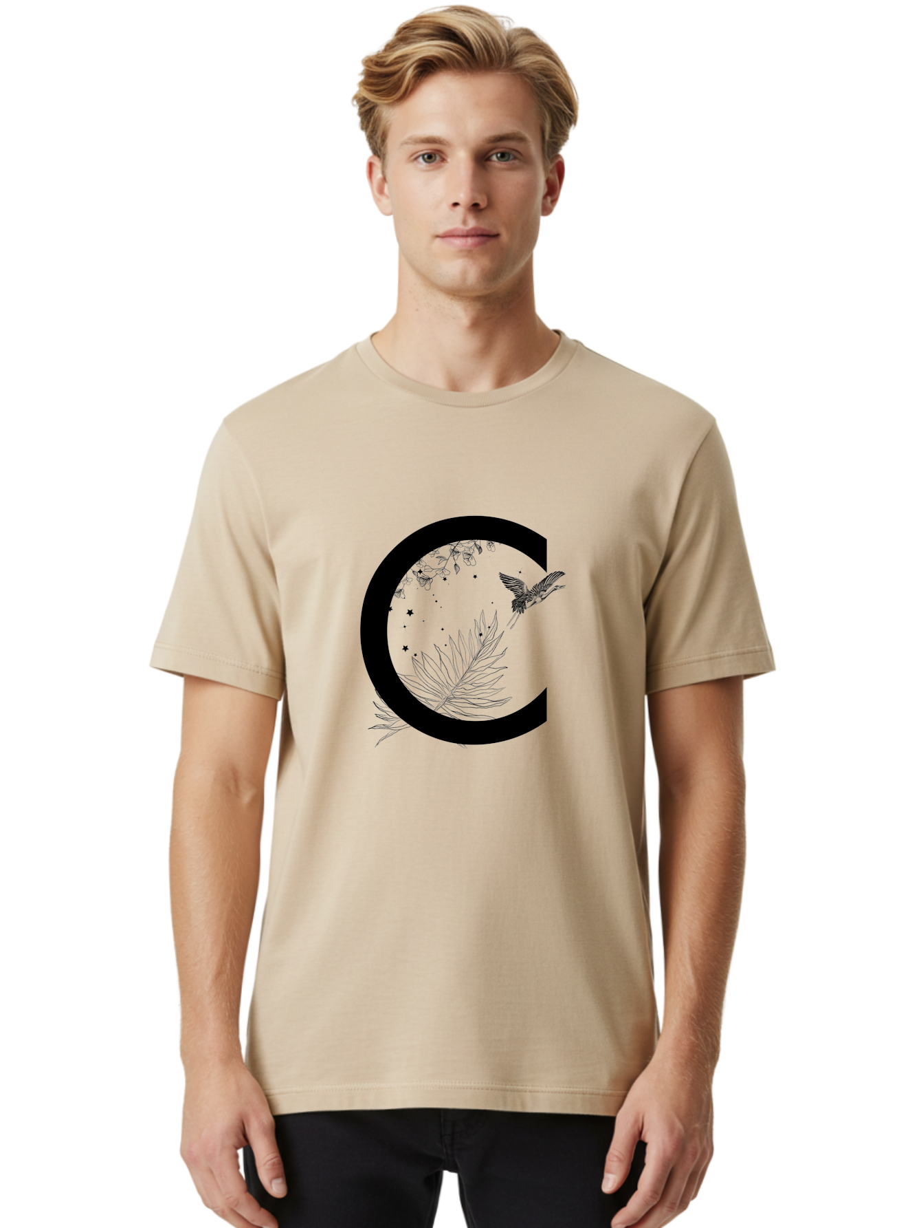 C Men'S Graphic Tee, 100% Cotton, Comfortable Casual Summer Wear, Machine Washable, Stylized Letter C, Black Logo, Floral Designs, Hummingbird, Leaves, Botanical Elements, Artistic Typography, Monochrome Illustration, Nature-Inspired Graphics Aac297 20
