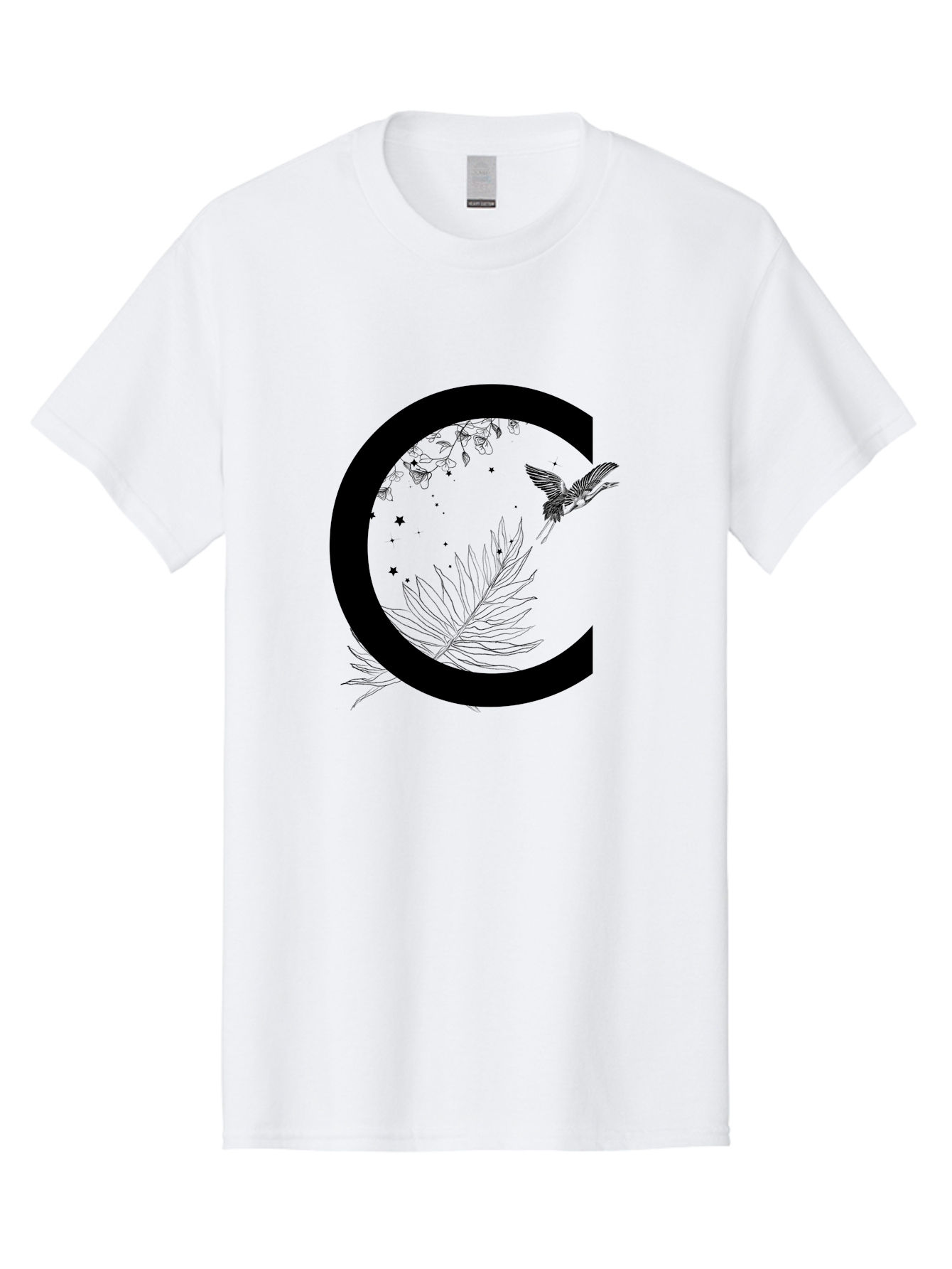 C Men'S Graphic Tee, 100% Cotton, Comfortable Casual Summer Wear, Machine Washable, Stylized Letter C, Black Logo, Floral Designs, Hummingbird, Leaves, Botanical Elements, Artistic Typography, Monochrome Illustration, Nature-Inspired Graphics Aac297 21