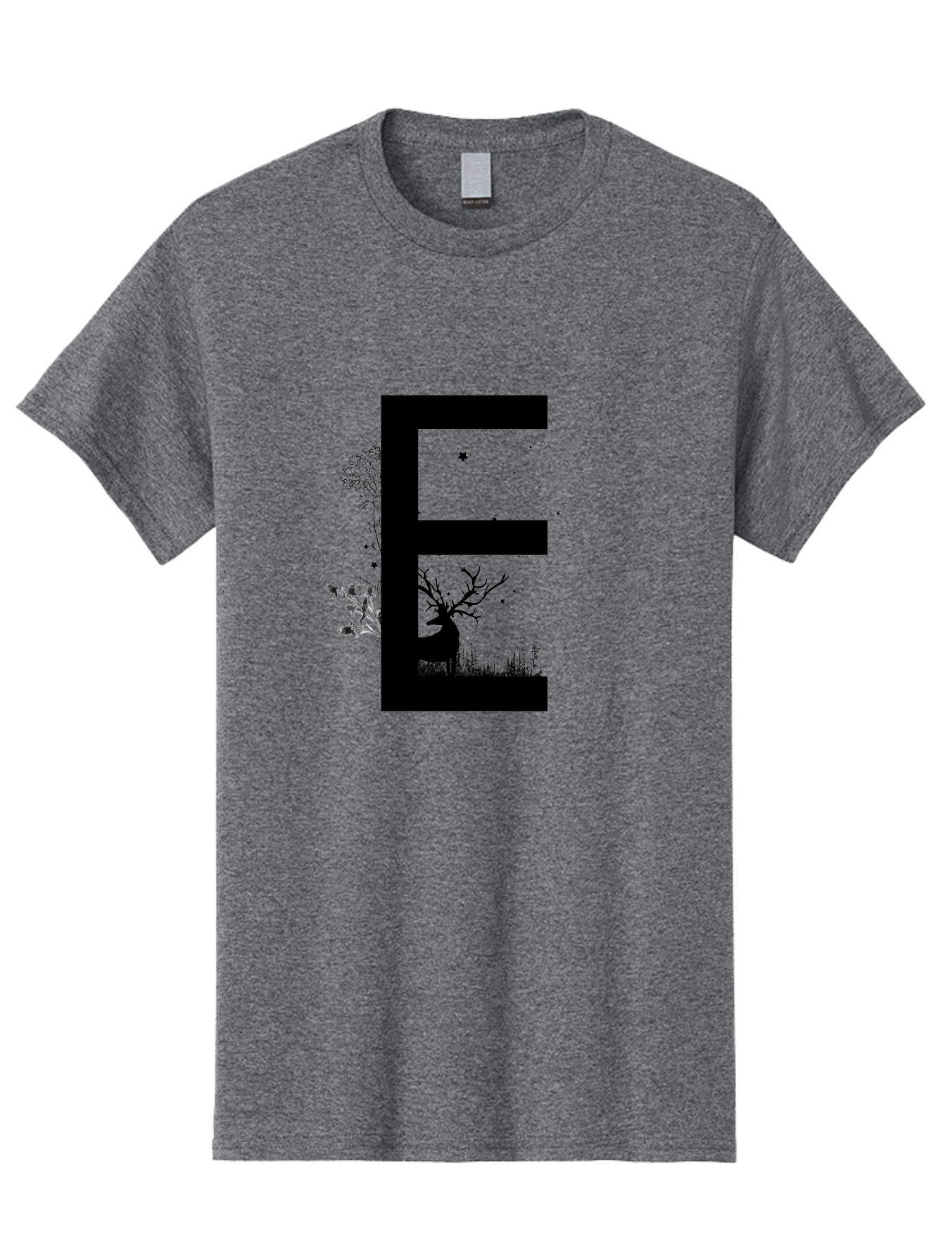 E Men'S Graphic Tee, 100% Cotton, Comfortable Casual Summer Wear, Machine Washable, Large Letter E, Tree Silhouettes, Floral Elements, Nature-Inspired Design, Creative Typography, Artistic Lettering, Botanical Art, Whimsical Style, Aac304 15