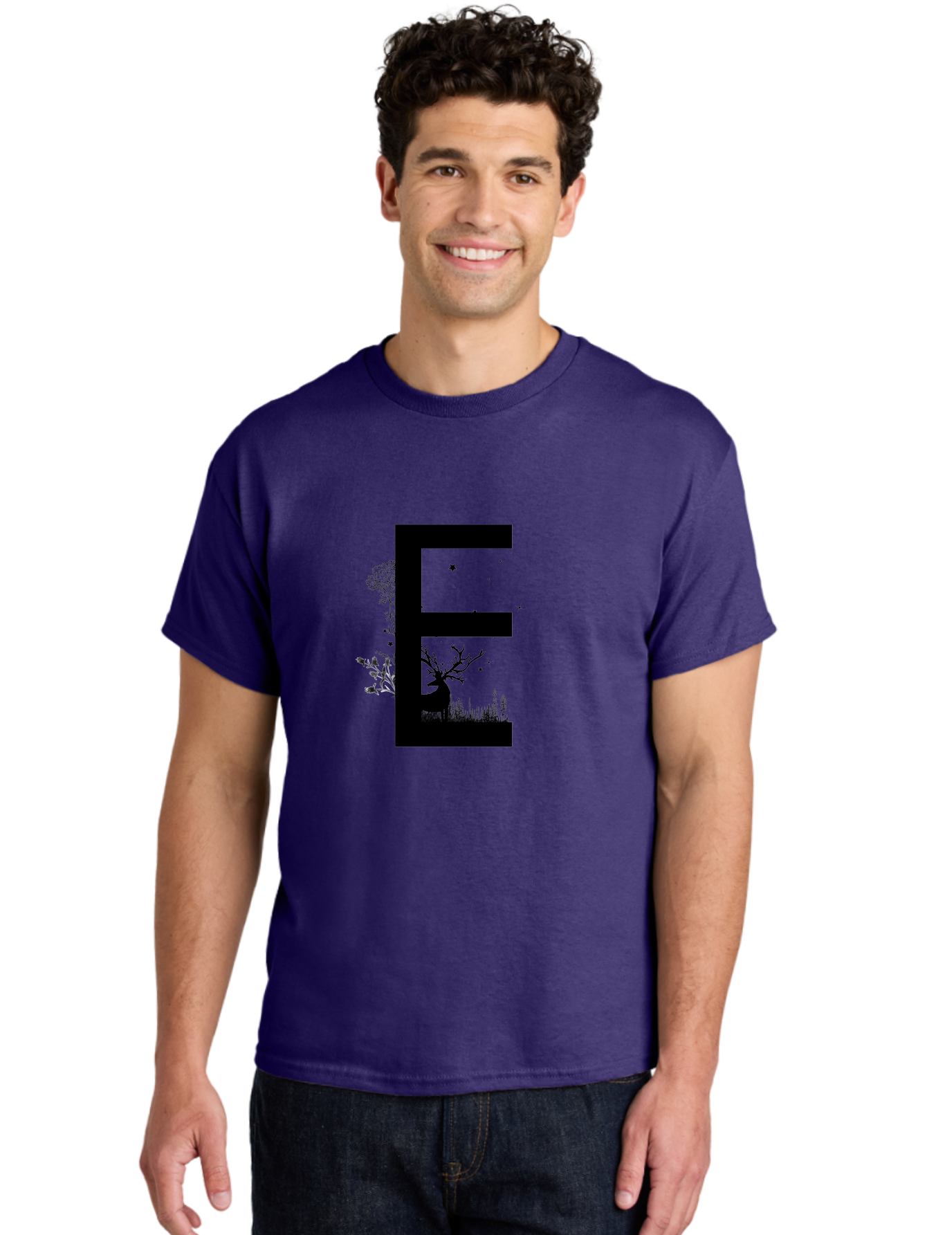 E Men'S Graphic Tee, 100% Cotton, Comfortable Casual Summer Wear, Machine Washable, Large Letter E, Tree Silhouettes, Floral Elements, Nature-Inspired Design, Creative Typography, Artistic Lettering, Botanical Art, Whimsical Style, Aac304 10