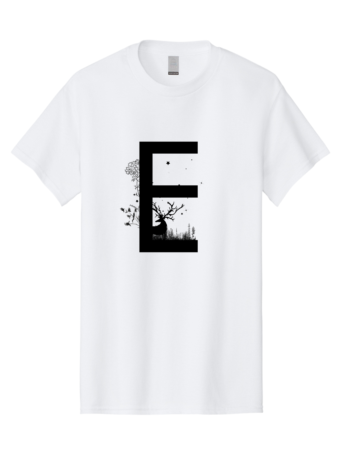 E Men'S Graphic Tee, 100% Cotton, Comfortable Casual Summer Wear, Machine Washable, Large Letter E, Tree Silhouettes, Floral Elements, Nature-Inspired Design, Creative Typography, Artistic Lettering, Botanical Art, Whimsical Style, Aac304 1