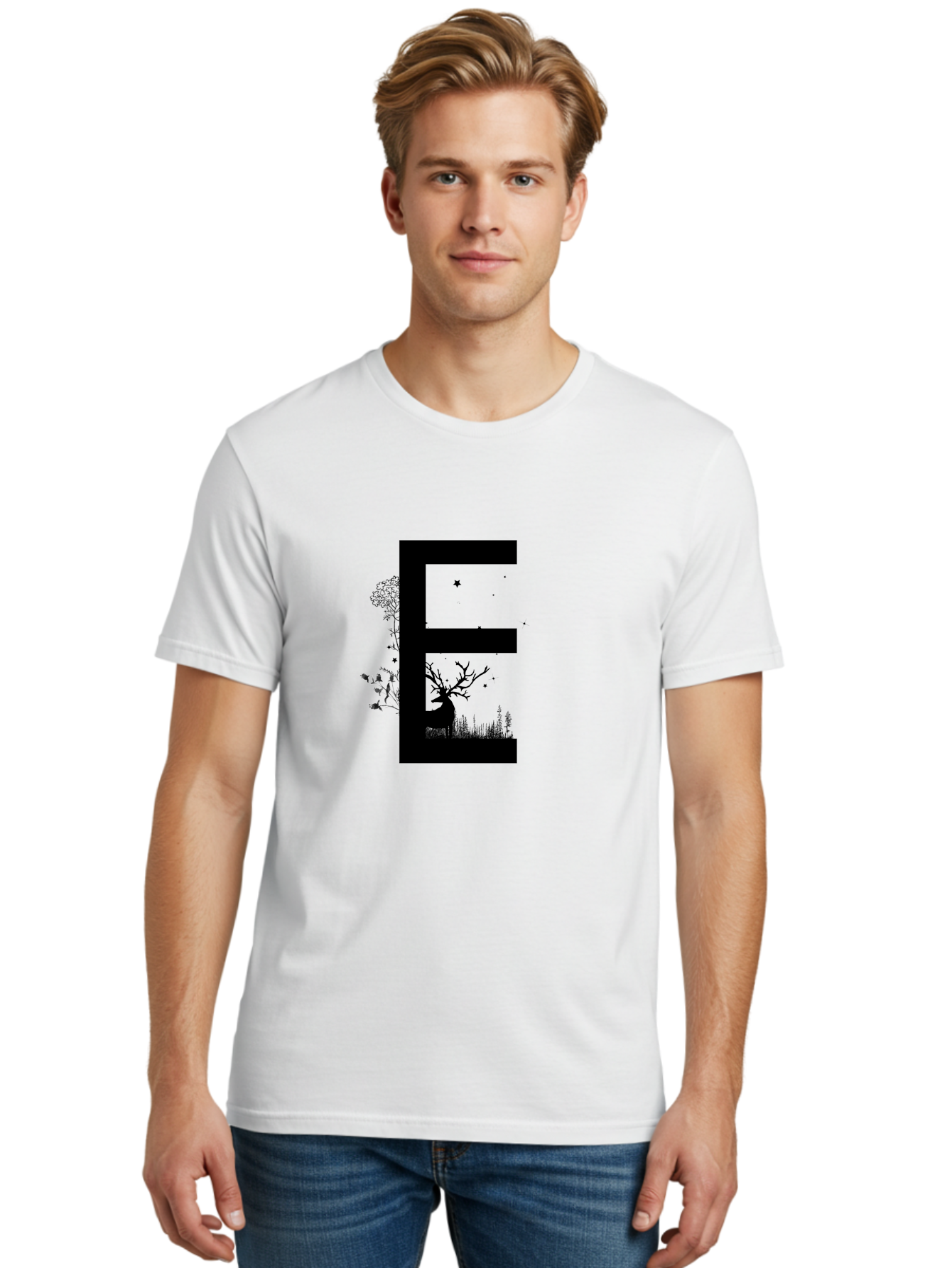 E Men'S Graphic Tee, 100% Cotton, Comfortable Casual Summer Wear, Machine Washable, Large Letter E, Tree Silhouettes, Floral Elements, Nature-Inspired Design, Creative Typography, Artistic Lettering, Botanical Art, Whimsical Style, Aac304 2