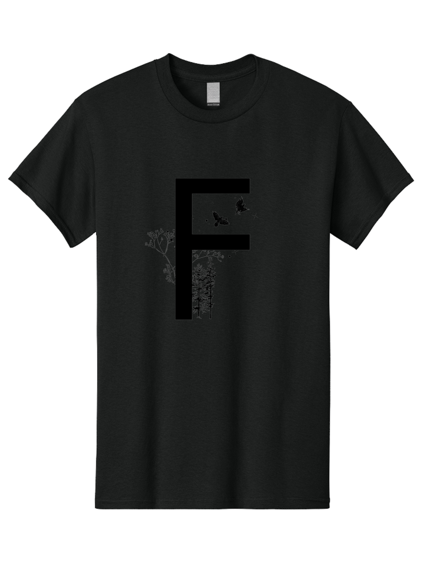 F Men'S Graphic Tee, 100% Cotton, Comfortable Casual Summer Wear, Machine Washable, Stylized Letter F, Black Typography, Nature Elements, Flowers, Trees, Birds In Flight, Natural Scenery, Forest Landscape, Artistic Design, Creative Typography Aac306 5