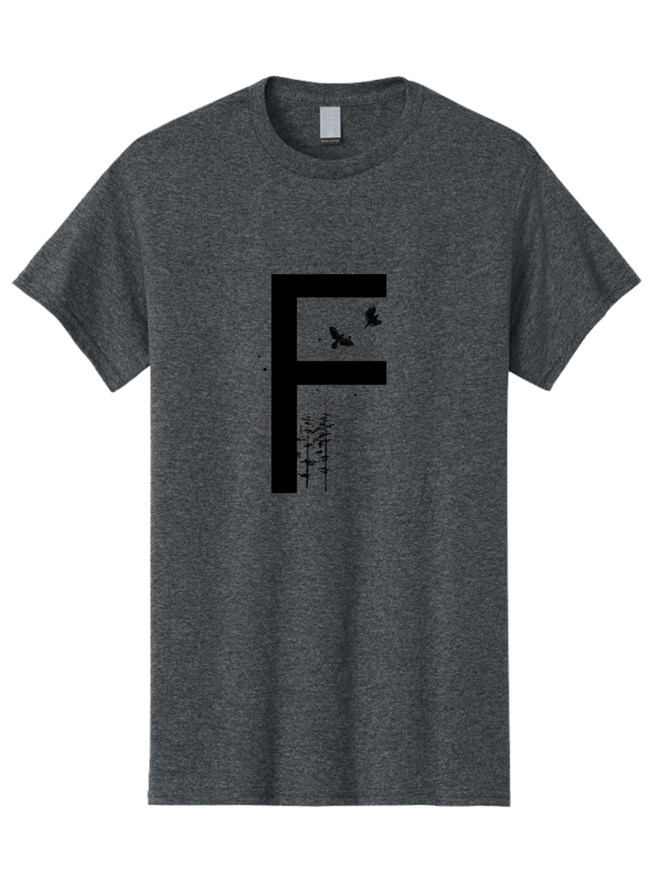 F Men'S Graphic Tee, 100% Cotton, Comfortable Casual Summer Wear, Machine Washable, Stylized Letter F, Black Typography, Nature Elements, Flowers, Trees, Birds In Flight, Natural Scenery, Forest Landscape, Artistic Design, Creative Typography Aac306 21