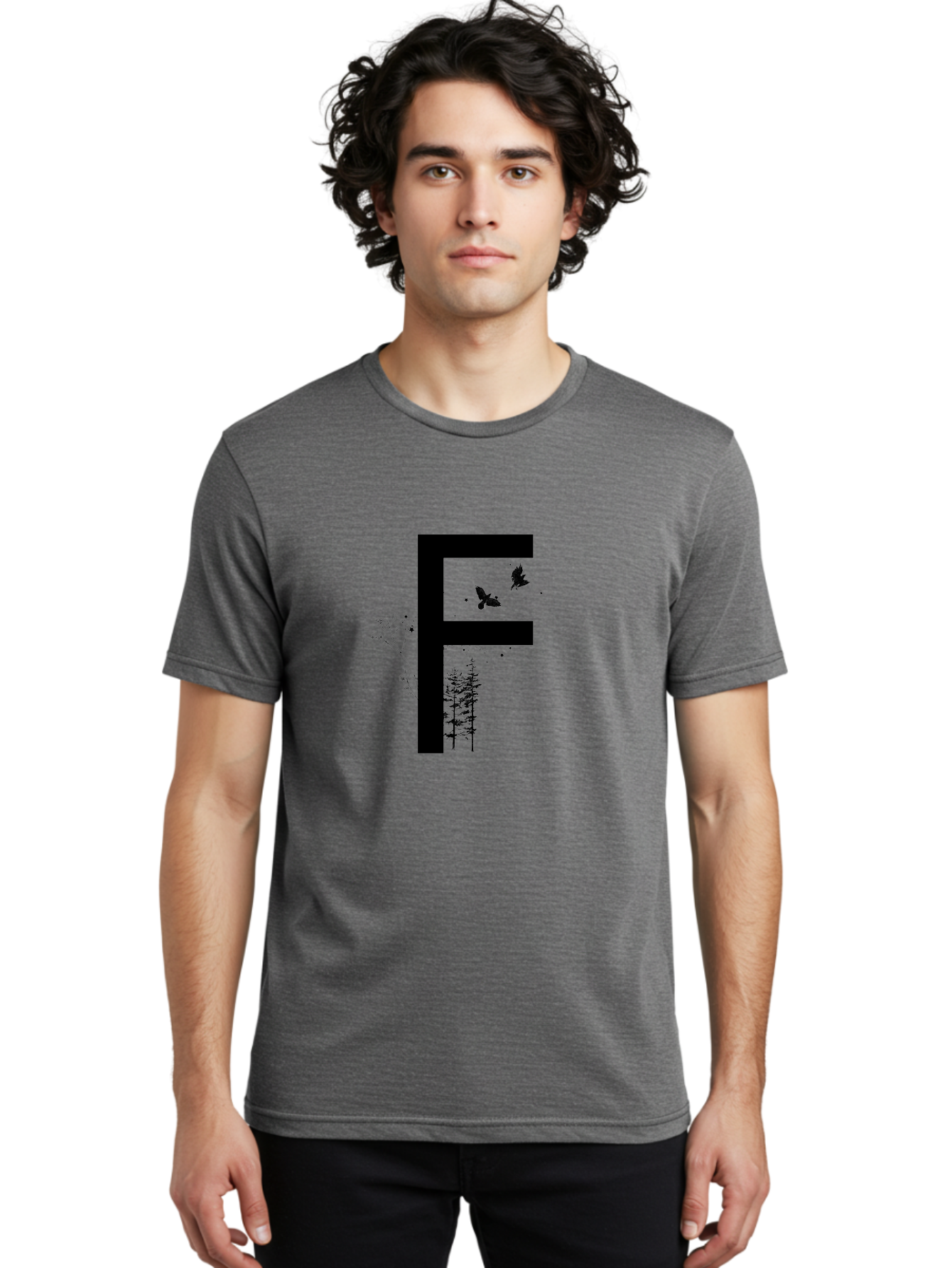F Men'S Graphic Tee, 100% Cotton, Comfortable Casual Summer Wear, Machine Washable, Stylized Letter F, Black Typography, Nature Elements, Flowers, Trees, Birds In Flight, Natural Scenery, Forest Landscape, Artistic Design, Creative Typography Aac306 8