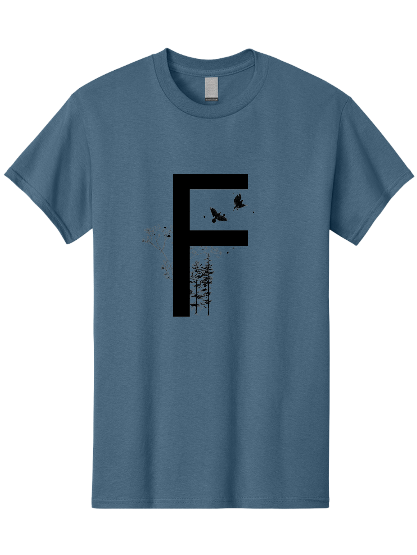 F Men'S Graphic Tee, 100% Cotton, Comfortable Casual Summer Wear, Machine Washable, Stylized Letter F, Black Typography, Nature Elements, Flowers, Trees, Birds In Flight, Natural Scenery, Forest Landscape, Artistic Design, Creative Typography Aac306 13