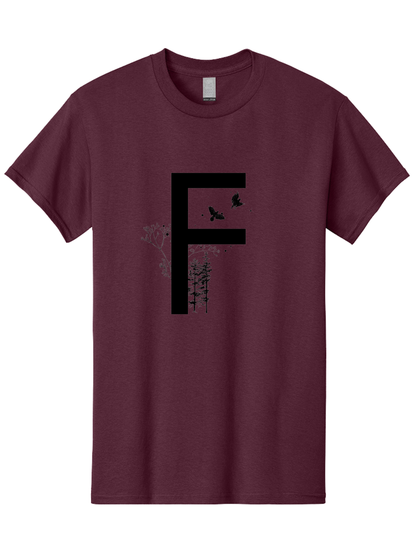 F Men'S Graphic Tee, 100% Cotton, Comfortable Casual Summer Wear, Machine Washable, Stylized Letter F, Black Typography, Nature Elements, Flowers, Trees, Birds In Flight, Natural Scenery, Forest Landscape, Artistic Design, Creative Typography Aac306 29