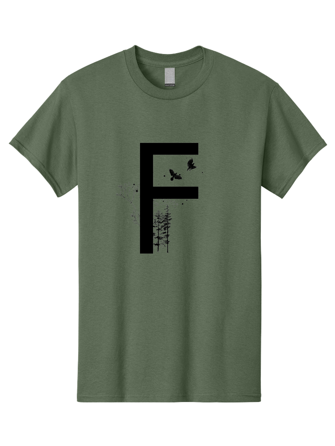F Men'S Graphic Tee, 100% Cotton, Comfortable Casual Summer Wear, Machine Washable, Stylized Letter F, Black Typography, Nature Elements, Flowers, Trees, Birds In Flight, Natural Scenery, Forest Landscape, Artistic Design, Creative Typography Aac306 23