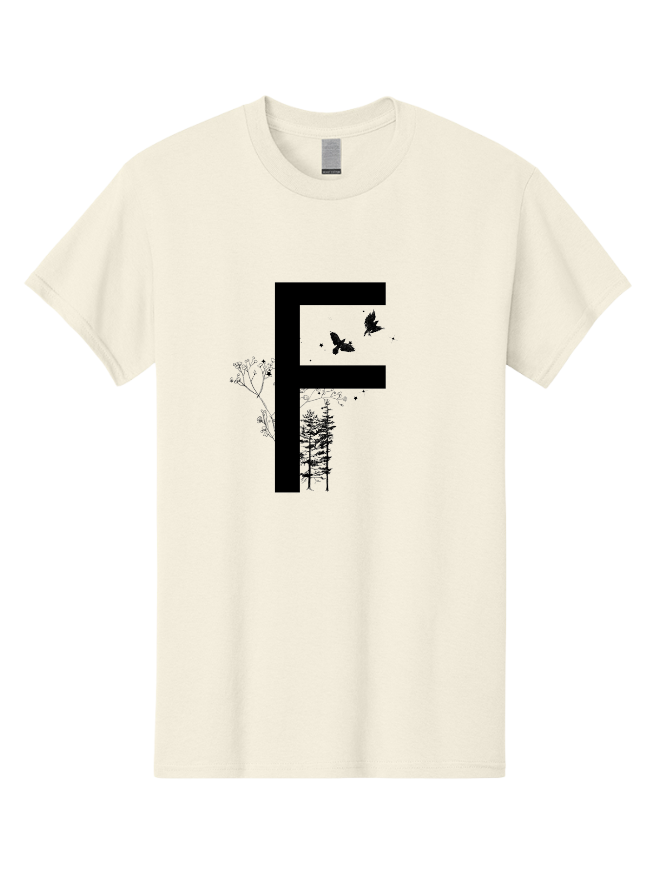 F Men'S Graphic Tee, 100% Cotton, Comfortable Casual Summer Wear, Machine Washable, Stylized Letter F, Black Typography, Nature Elements, Flowers, Trees, Birds In Flight, Natural Scenery, Forest Landscape, Artistic Design, Creative Typography Aac306 3