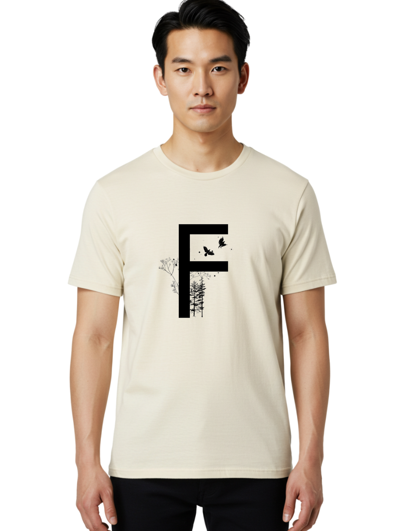 F Men'S Graphic Tee, 100% Cotton, Comfortable Casual Summer Wear, Machine Washable, Stylized Letter F, Black Typography, Nature Elements, Flowers, Trees, Birds In Flight, Natural Scenery, Forest Landscape, Artistic Design, Creative Typography Aac306 4