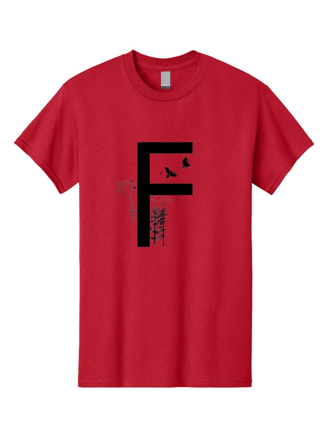 F Men'S Graphic Tee, 100% Cotton, Comfortable Casual Summer Wear, Machine Washable, Stylized Letter F, Black Typography, Nature Elements, Flowers, Trees, Birds In Flight, Natural Scenery, Forest Landscape, Artistic Design, Creative Typography Aac306 11