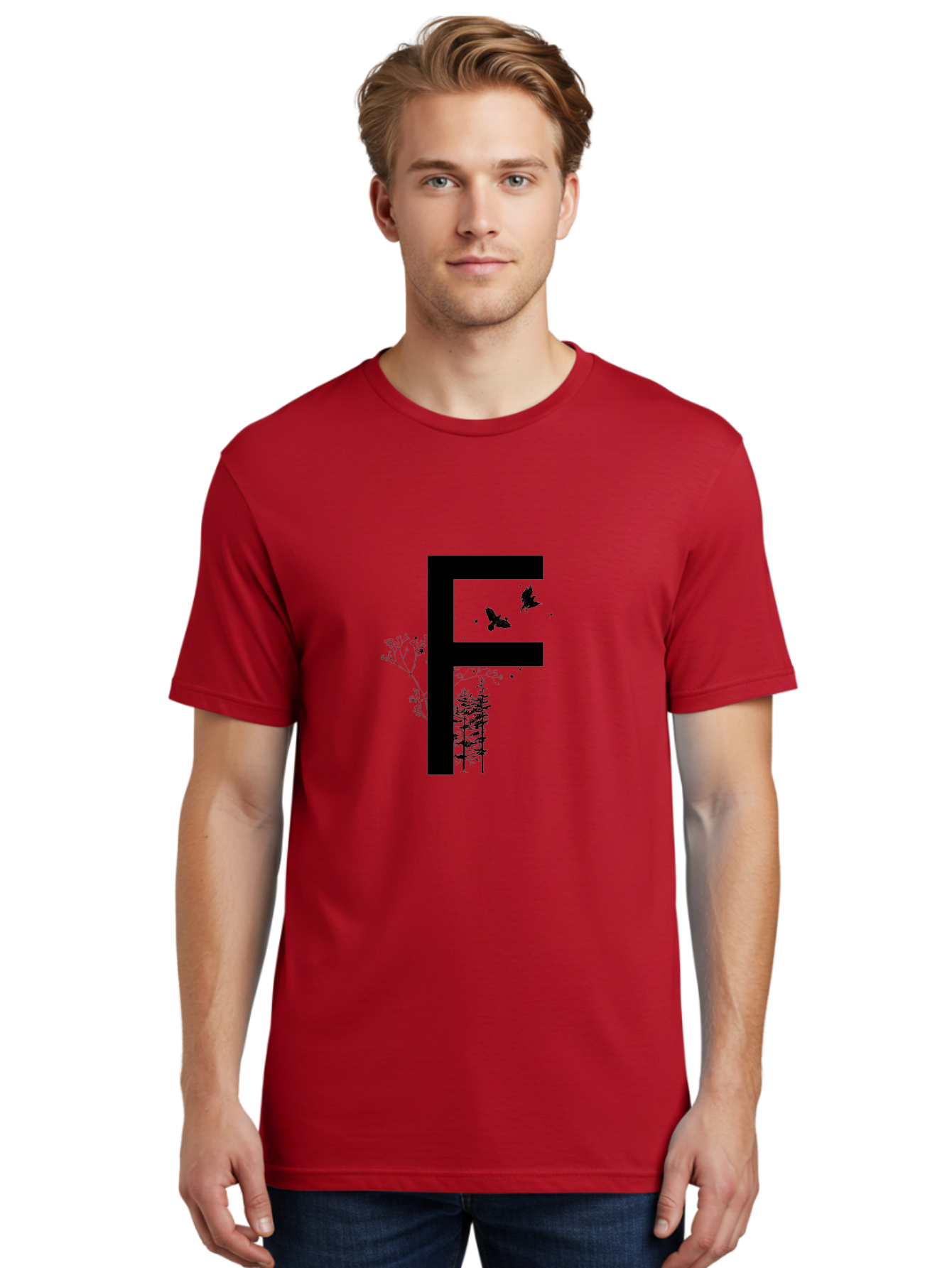 F Men'S Graphic Tee, 100% Cotton, Comfortable Casual Summer Wear, Machine Washable, Stylized Letter F, Black Typography, Nature Elements, Flowers, Trees, Birds In Flight, Natural Scenery, Forest Landscape, Artistic Design, Creative Typography Aac306 12