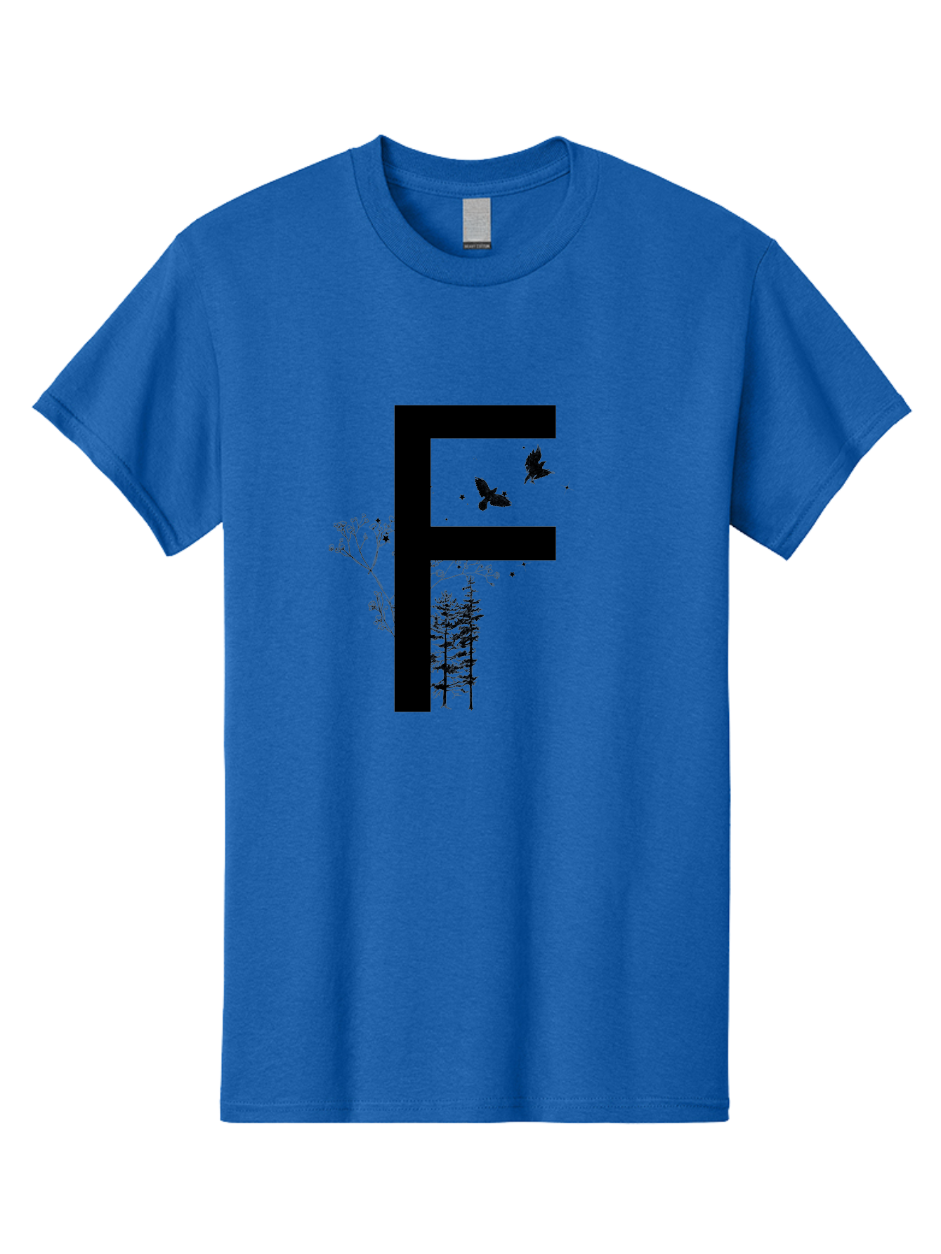 F Men'S Graphic Tee, 100% Cotton, Comfortable Casual Summer Wear, Machine Washable, Stylized Letter F, Black Typography, Nature Elements, Flowers, Trees, Birds In Flight, Natural Scenery, Forest Landscape, Artistic Design, Creative Typography Aac306 27