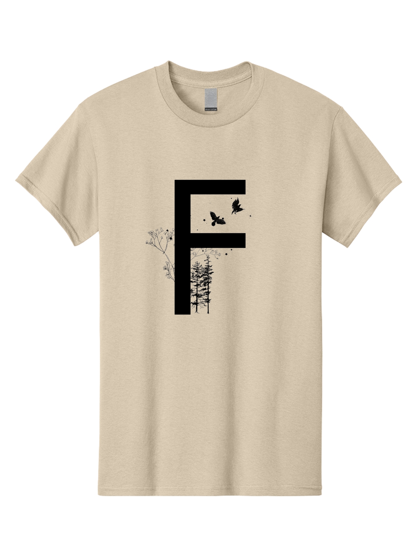 F Men'S Graphic Tee, 100% Cotton, Comfortable Casual Summer Wear, Machine Washable, Stylized Letter F, Black Typography, Nature Elements, Flowers, Trees, Birds In Flight, Natural Scenery, Forest Landscape, Artistic Design, Creative Typography Aac306 17